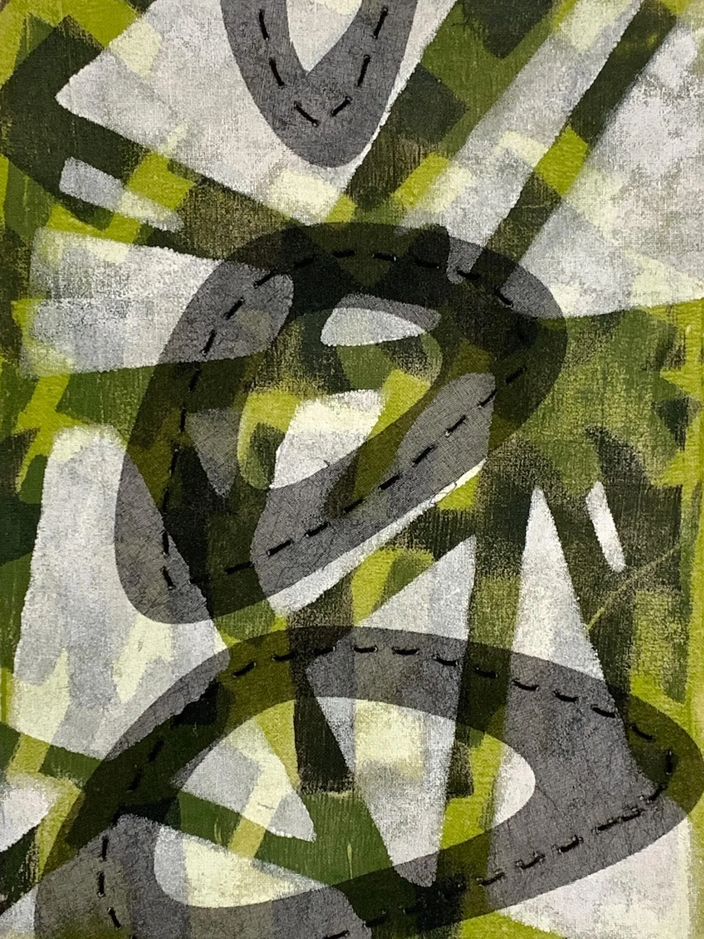 Monoprints on cotton fabric, silk overlay, stitched