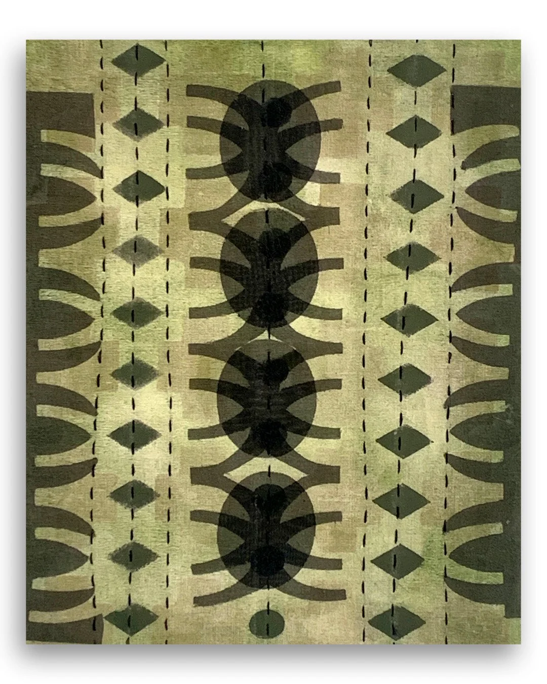 Monoprinted cotton with silk overlay, stitched, 10"Lx8"W
#monoprint #monoprintedfabric #printonfabric #gelprinting #stencildesign #stencilsinart #stencilprinting #silkapplique