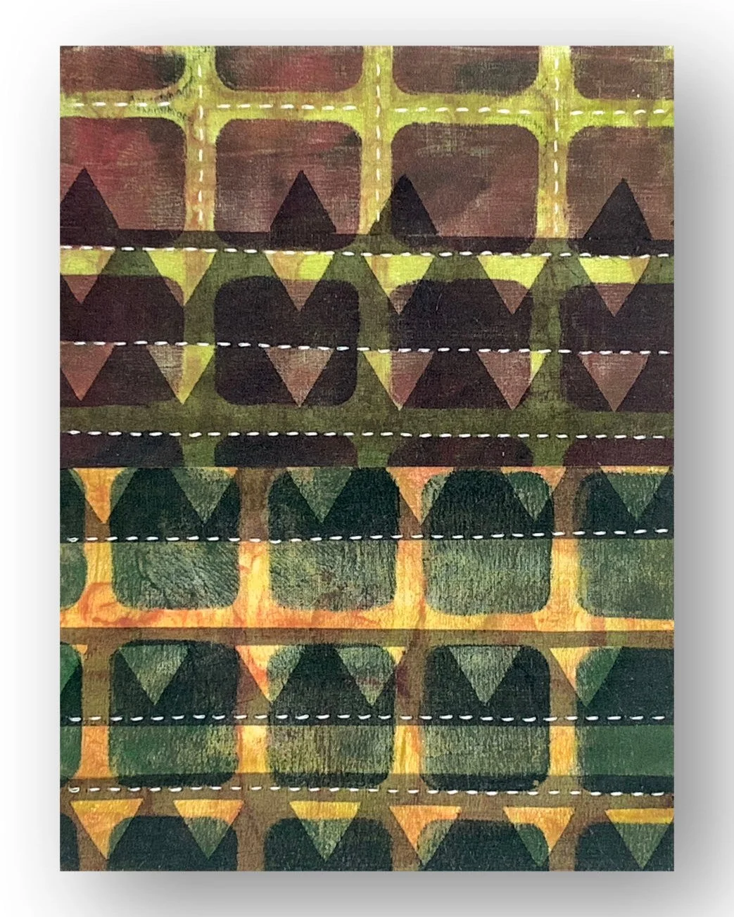 Monoprinted cotton with silk applique, stitched #monoprint #gelprint #gelprintoncloth #geometricpattern #earthycolor #applique #stencildeisgn