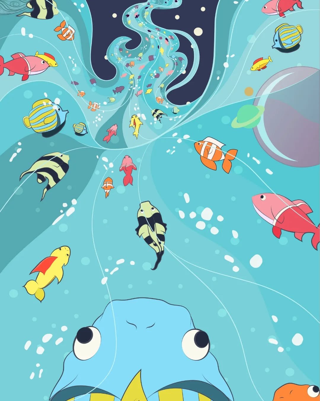 One Fish, Two Fish, Red Fish, Blue Fish

Second in the postcard series, this illustration leans more toward the theme of water. In creating this piece, I wanted to challenge myself by drawing from a perspective that I haven&rsquo;t done before. While