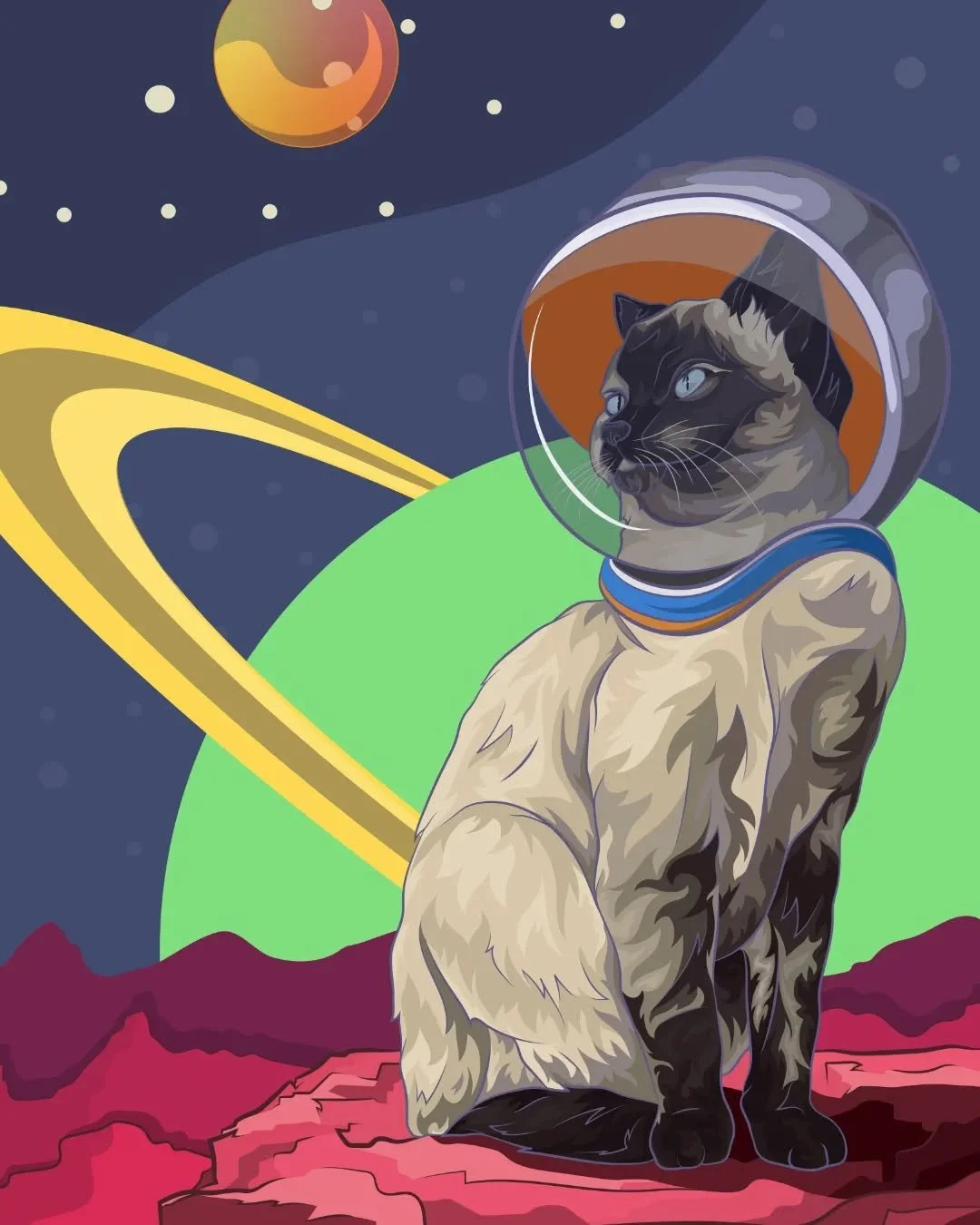 Meowzer 🐈🚀🐾

One of three illustrations for a postcard series. The theme for this collection was deep space and water. Leaning more towards the space side, this illustration was inspired by one of my friend&rsquo;s cat, Dulce Mama. Thank you @bry.