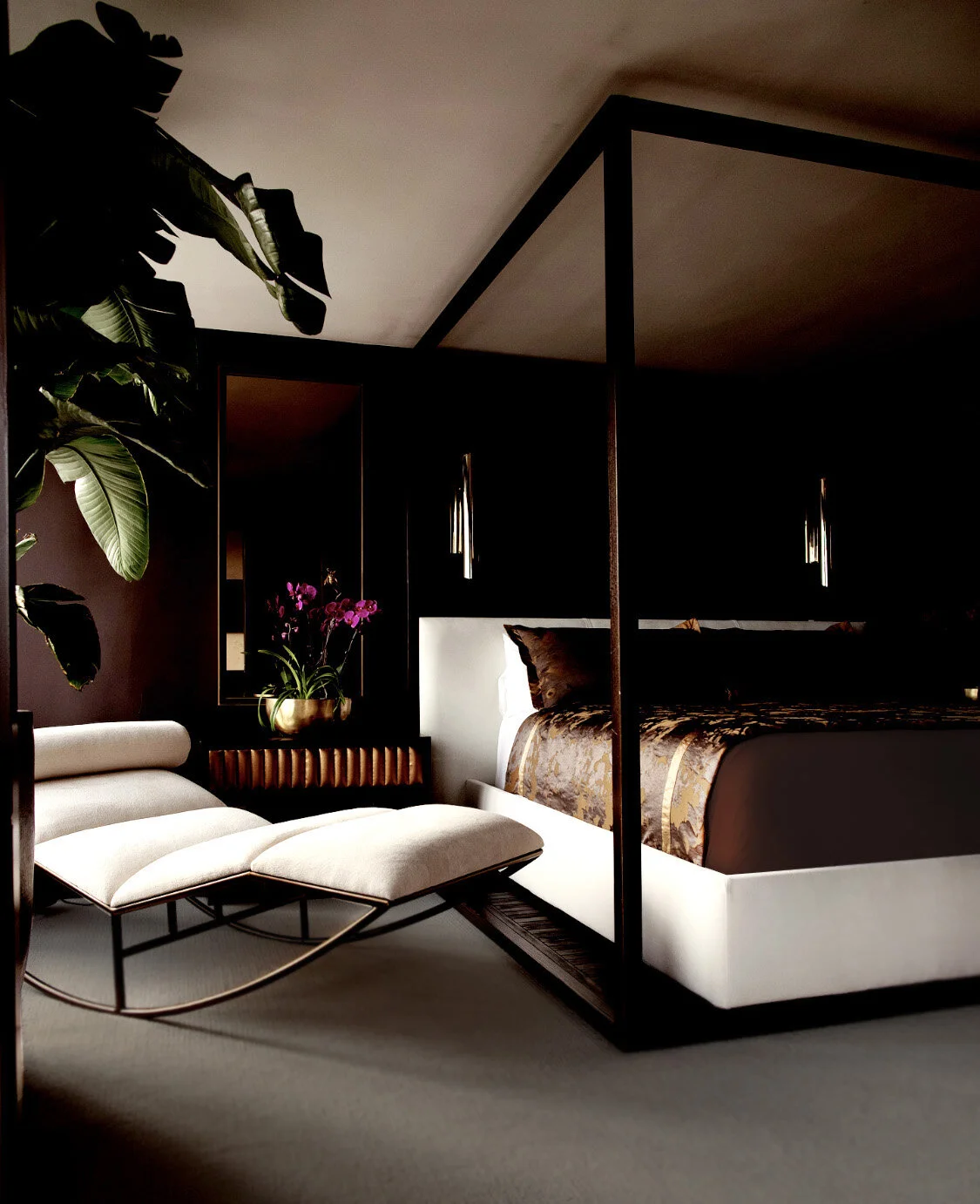 A primary bedroom suite designed for drama.  Custom Italian silk bedding by Rubelli Venezia, canopy bed, and Brabbu brass lighting.