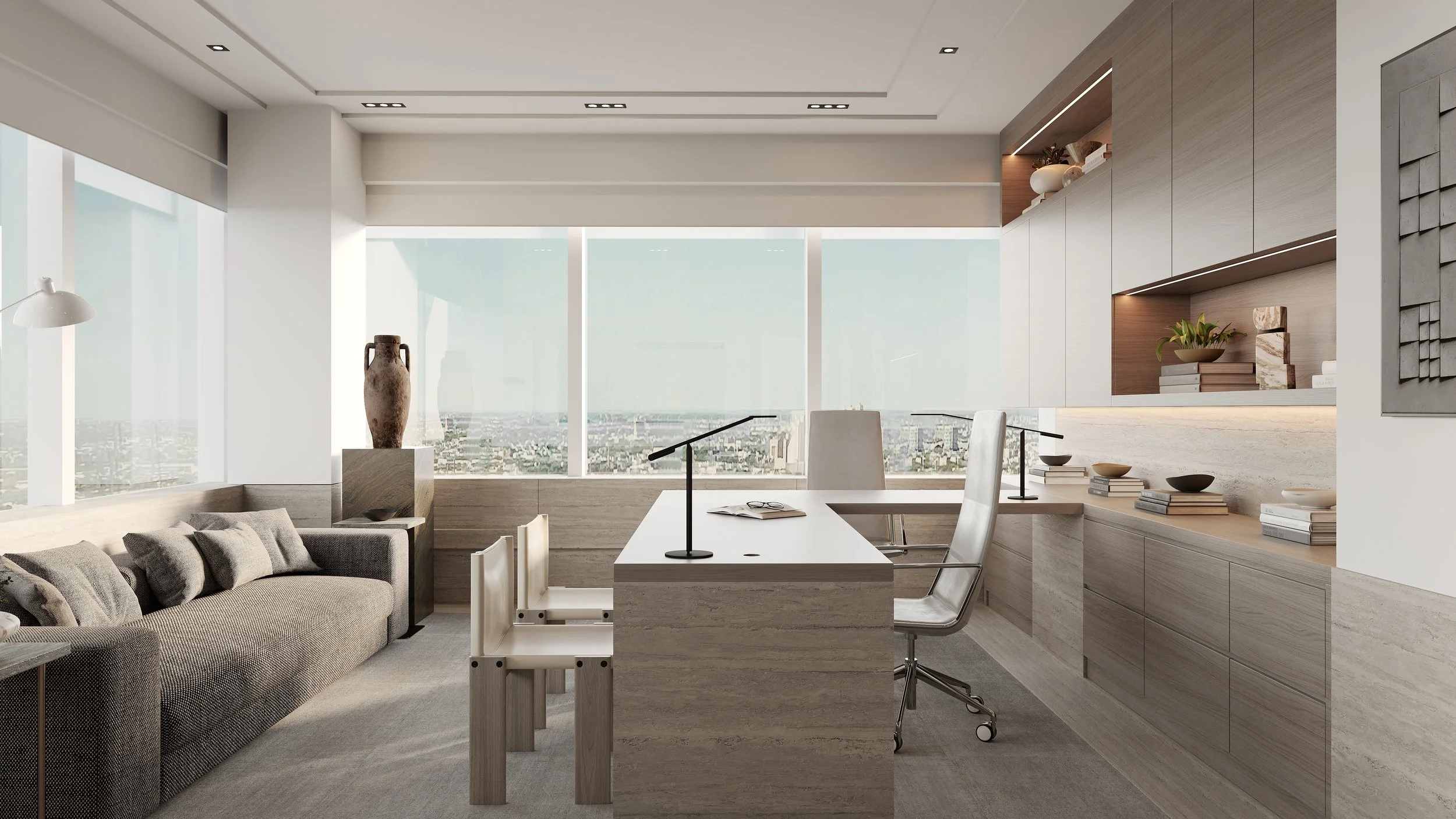 Contemporary office design with a view of the city skyline, featuring a lounge area with a sofa, a workspace with a desk, modern shelving with decorative items, and large windows with sheer roller shades.