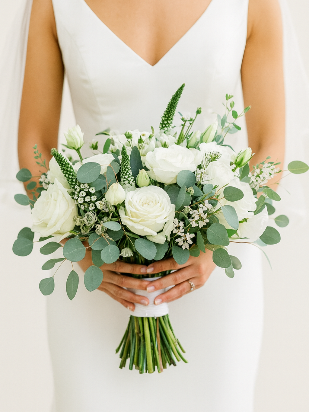Elegant white and green bridal bouquet featuring roses, ranunculus, lisianthus, eucalyptus, and veronica. Designed by Sweety Dream Florist. Delivery available in Huntley, Chicago suburbs, Milwaukee, and surrounding areas. Perfect for modern and roman