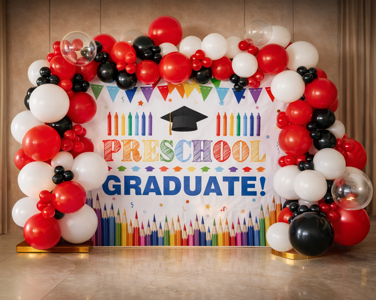 preschool backdrop, graduate balloon garland