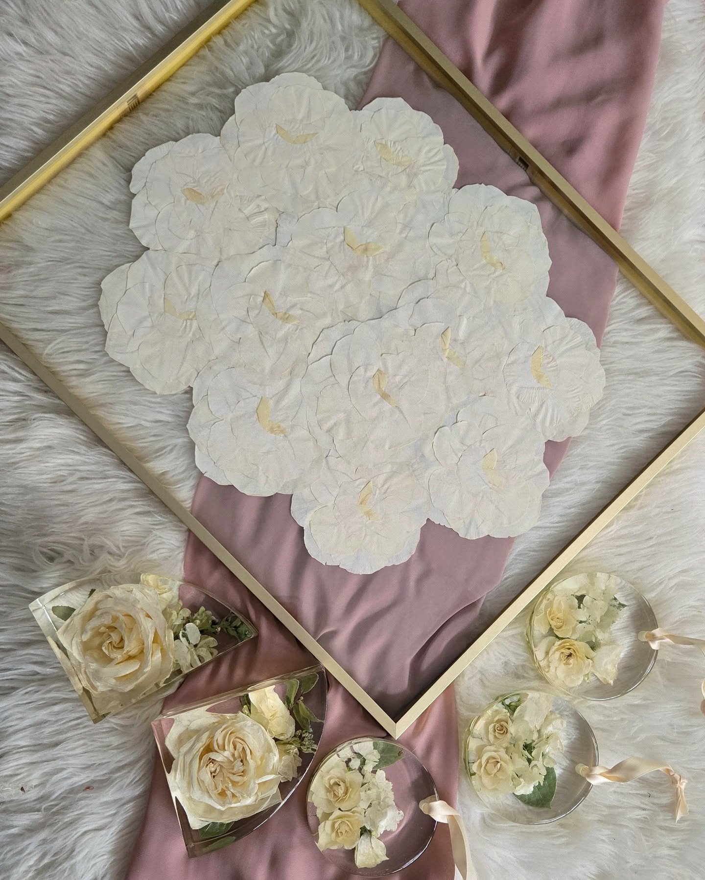 All white bouquets 🤍

Alot of preservation artists shy away from or full out condemn all white bouquets. Why? Well, they're not easy. Almost all white flowers dry down to a shade of ivory, yellow or brown. White flowers also show significantly more 