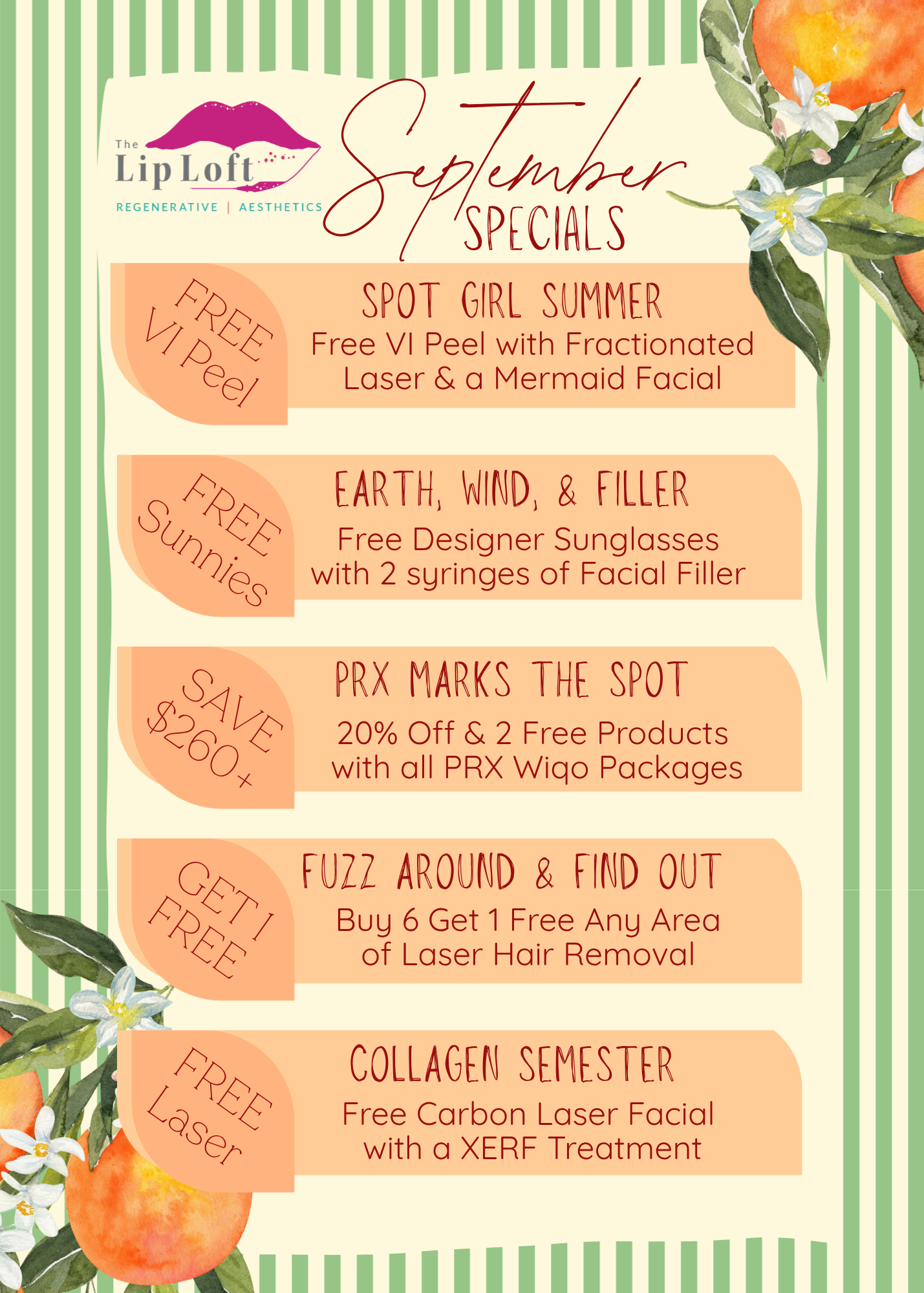 Promotional flyer for The Lip Loft beauty clinic advertising September specials including free V/i peel, free sunglasses with facial filler, discount on laser hair removal, and a collagen semester with special offers.