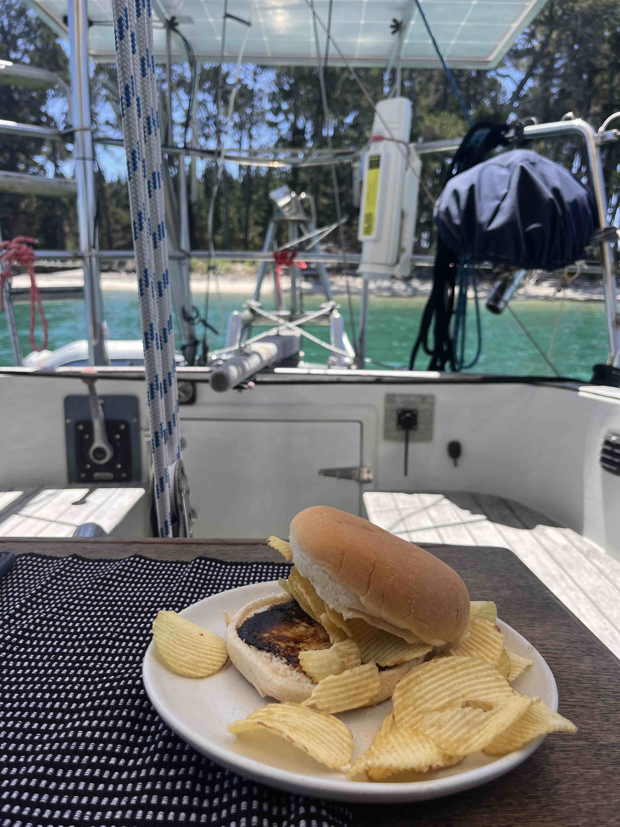 A chip and vegemite bun on anchor