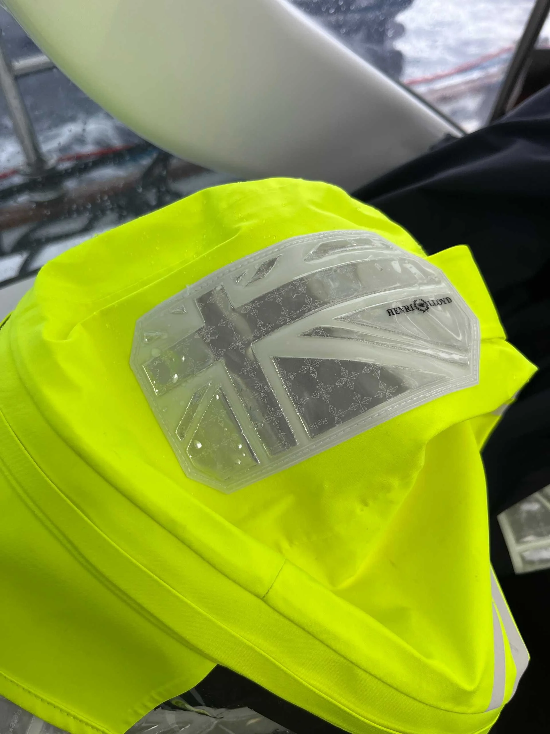 Reflector patch on the Ocean Pro jacket hood in the cockpit during the day
