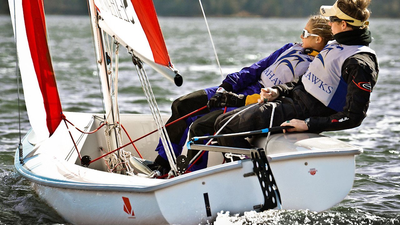 Two sailors in a flying junior sailboat