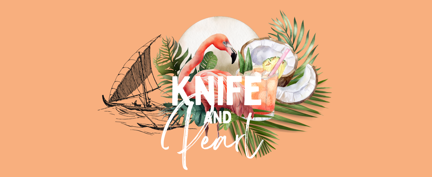 Knife and Pearl: a flamingo, tropical leaves, coconut, cocktail and sailing boat