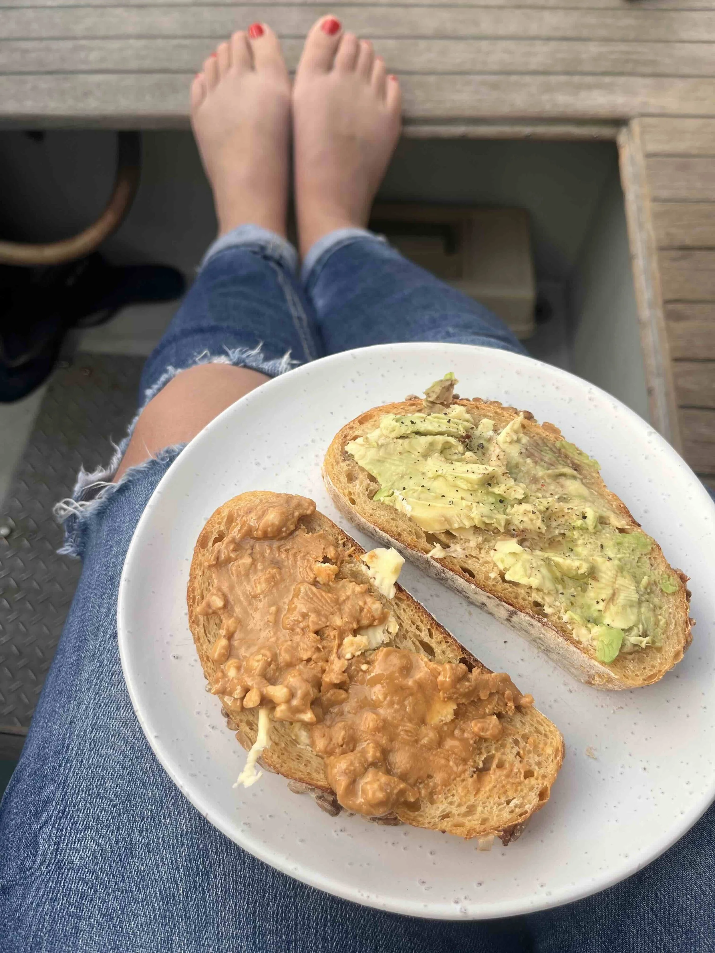 Peanut butter and avocado on bread while sailing