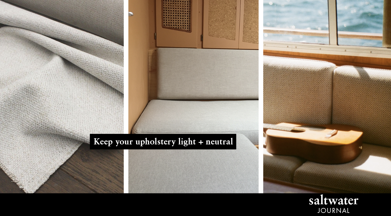 Light upholstery fabric shown across the different boat settees