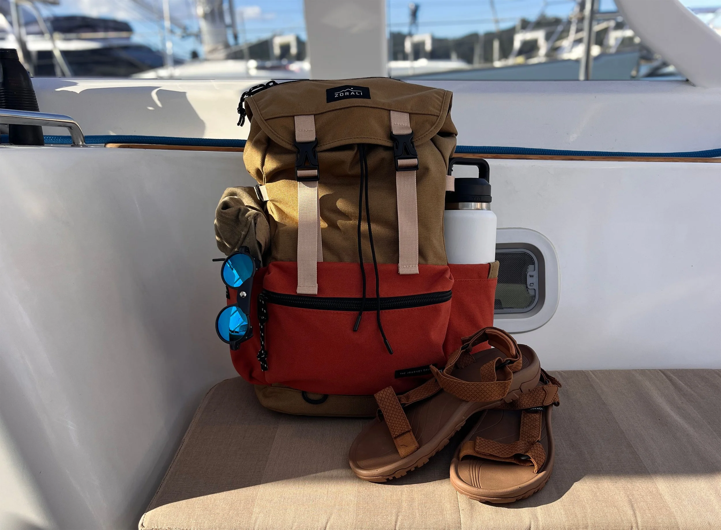 Zorali Escapade backpack onboard packed up and ready to go