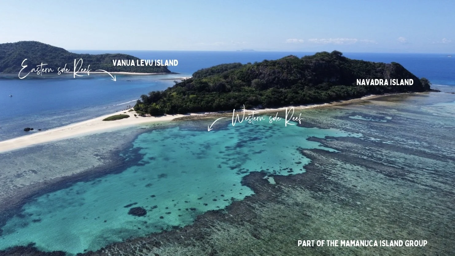 Snorkelling spots shown on aerial view of Vanua Levu and Navandra Islands