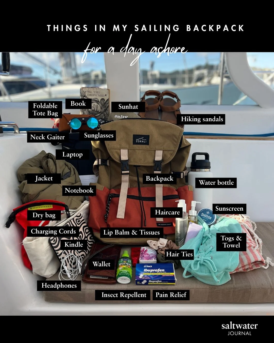 All the gear labelled that goes into the daypack for sailing