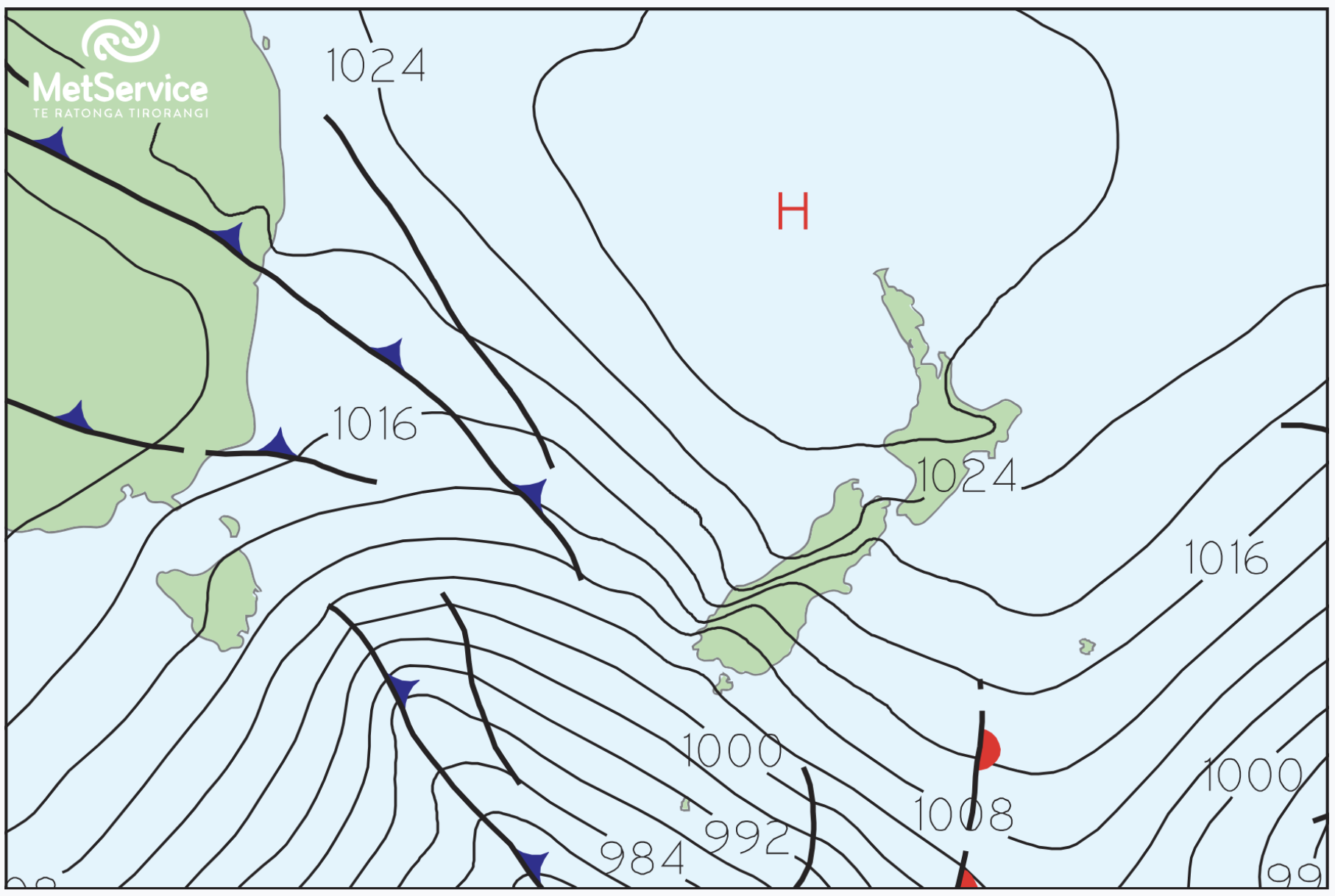 Metservice NZ isobar map over New Zealand