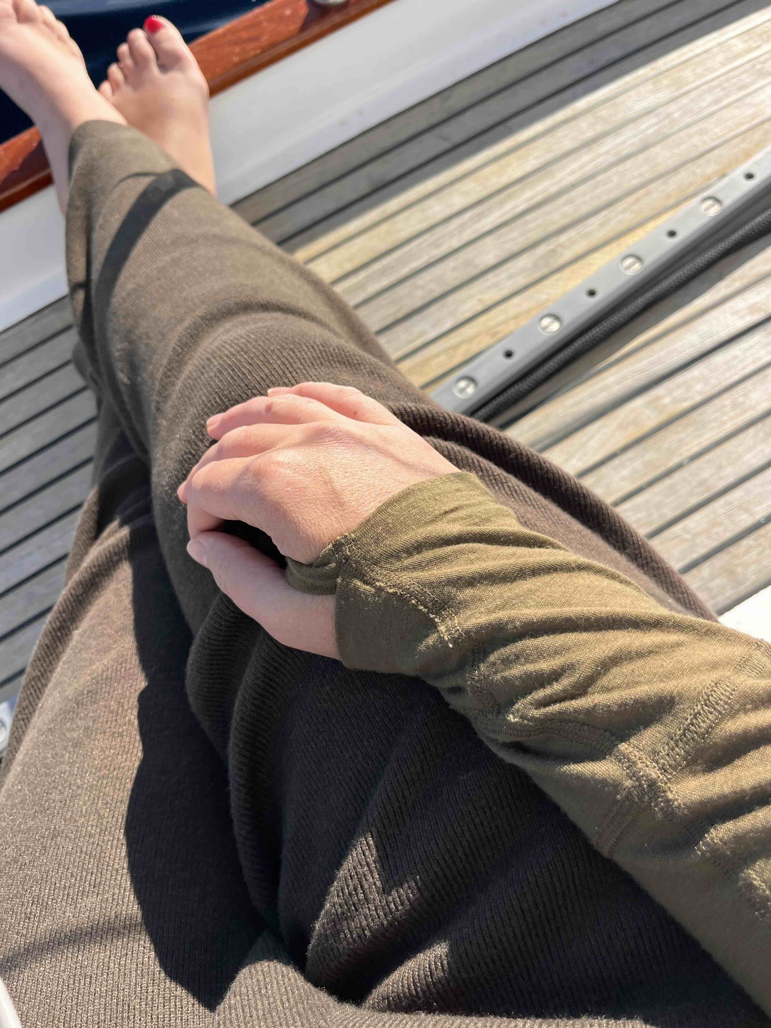 Wearing a long sleeve Zorali merino on deck