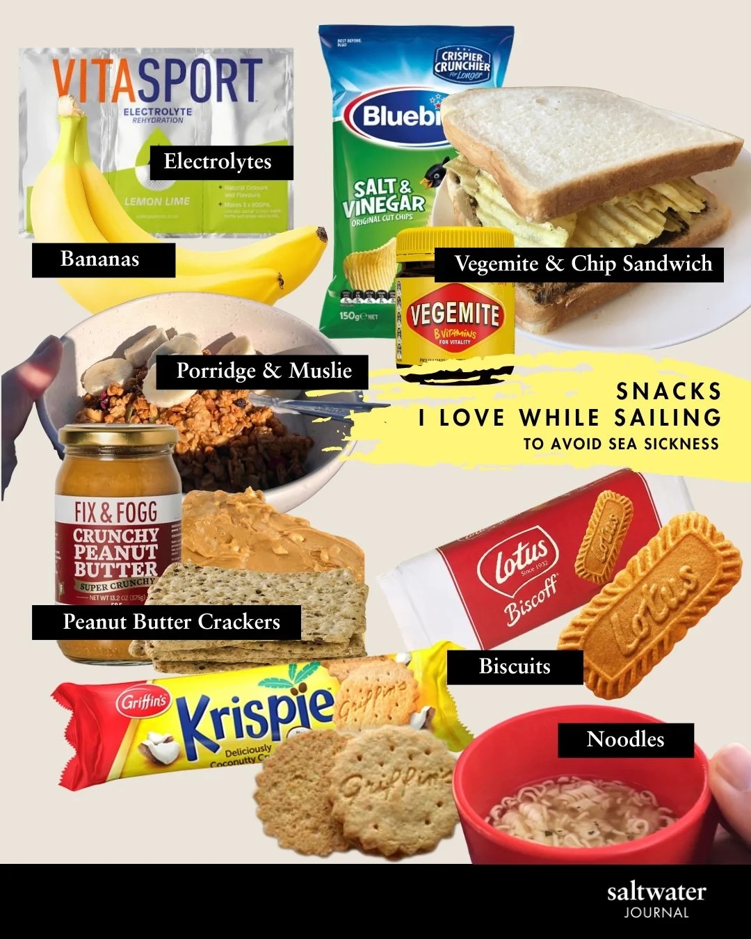 All the snacks Saltwater Journal eats while sailing to avoid seasickness