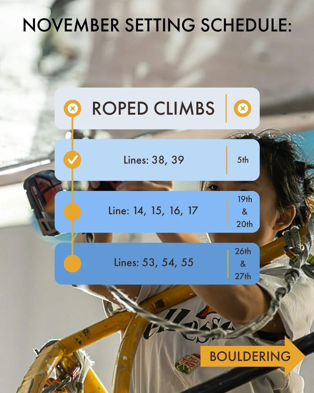 🔩 November's setting schedule 🔩 Please note there are some differences to the normal routine as we prepare for @volume1climbing's The Big Scramble. Don't know what we're talking about? Check out @volume1climbing's profile!