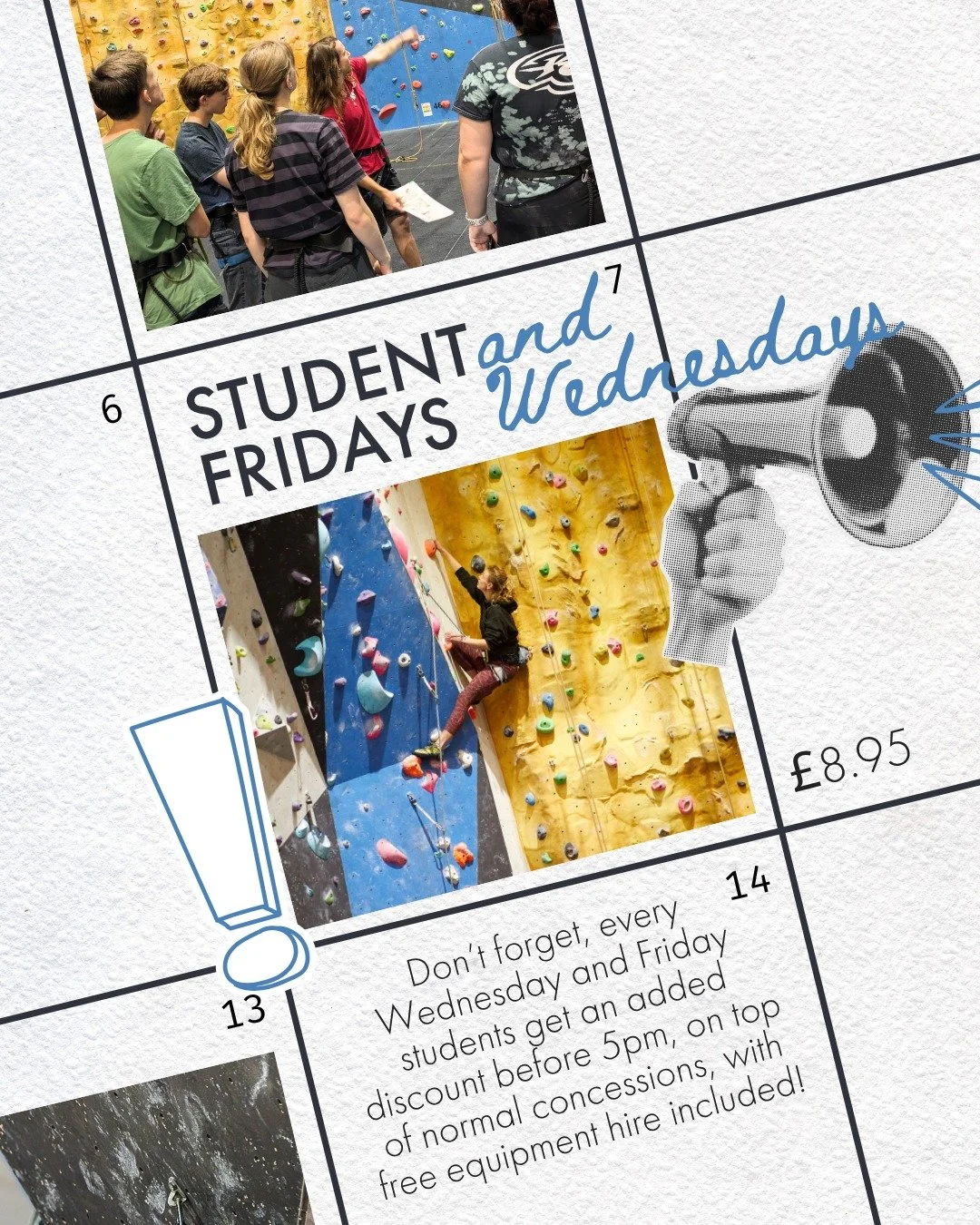 Big student discount on Fridays and Wednesdays before 5pm! Make the most of the extra discount on top of normal concession rates. Free equipment hire included. What's not to love?

#StudentClimbing #Brighton