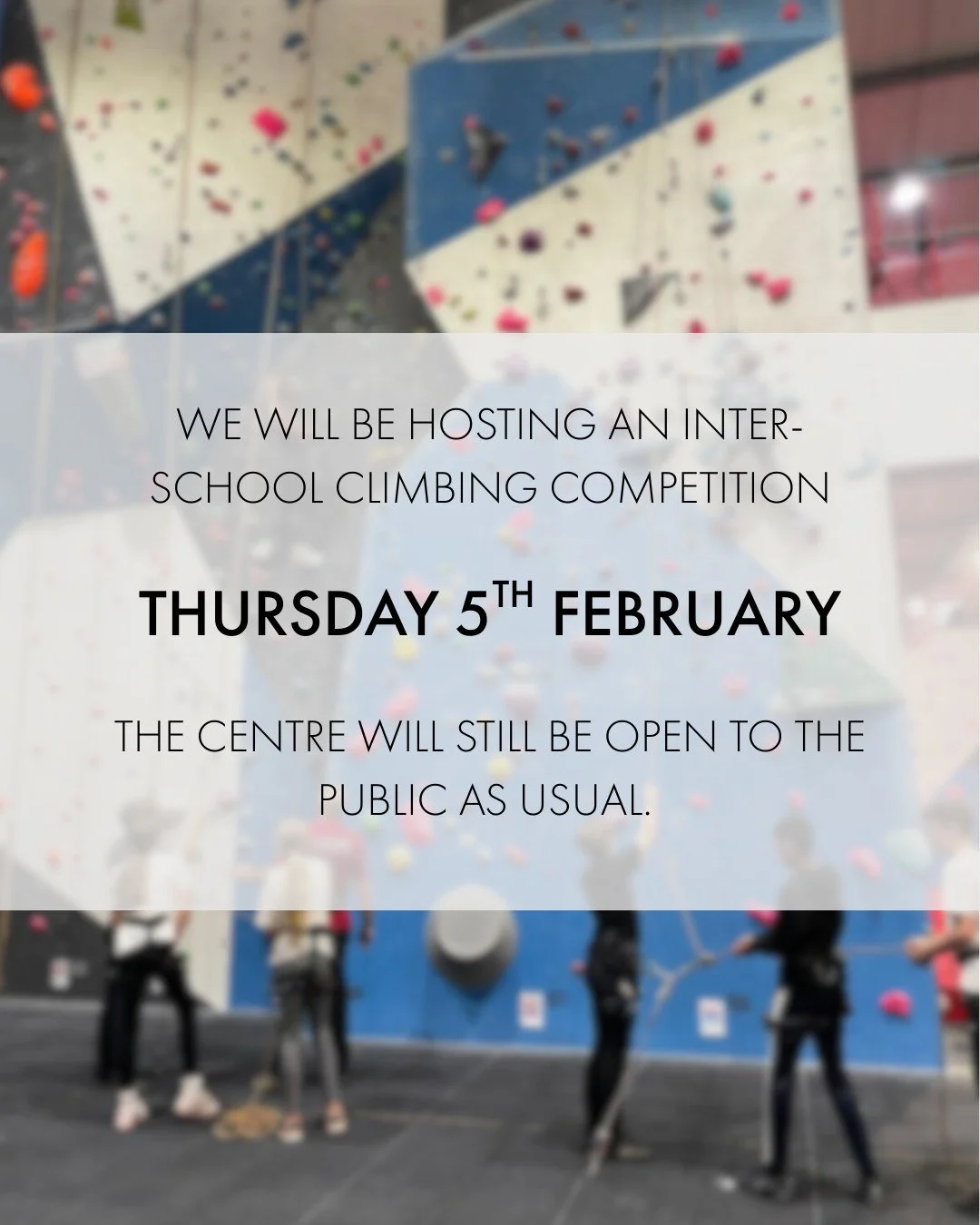 Please be aware, on Thursday 5th February we will be host to a inter-school climbing competition. 

This is an exciting opportunity for the students involved to experience competition climbing and show off what they've learnt. 

The comp will be held