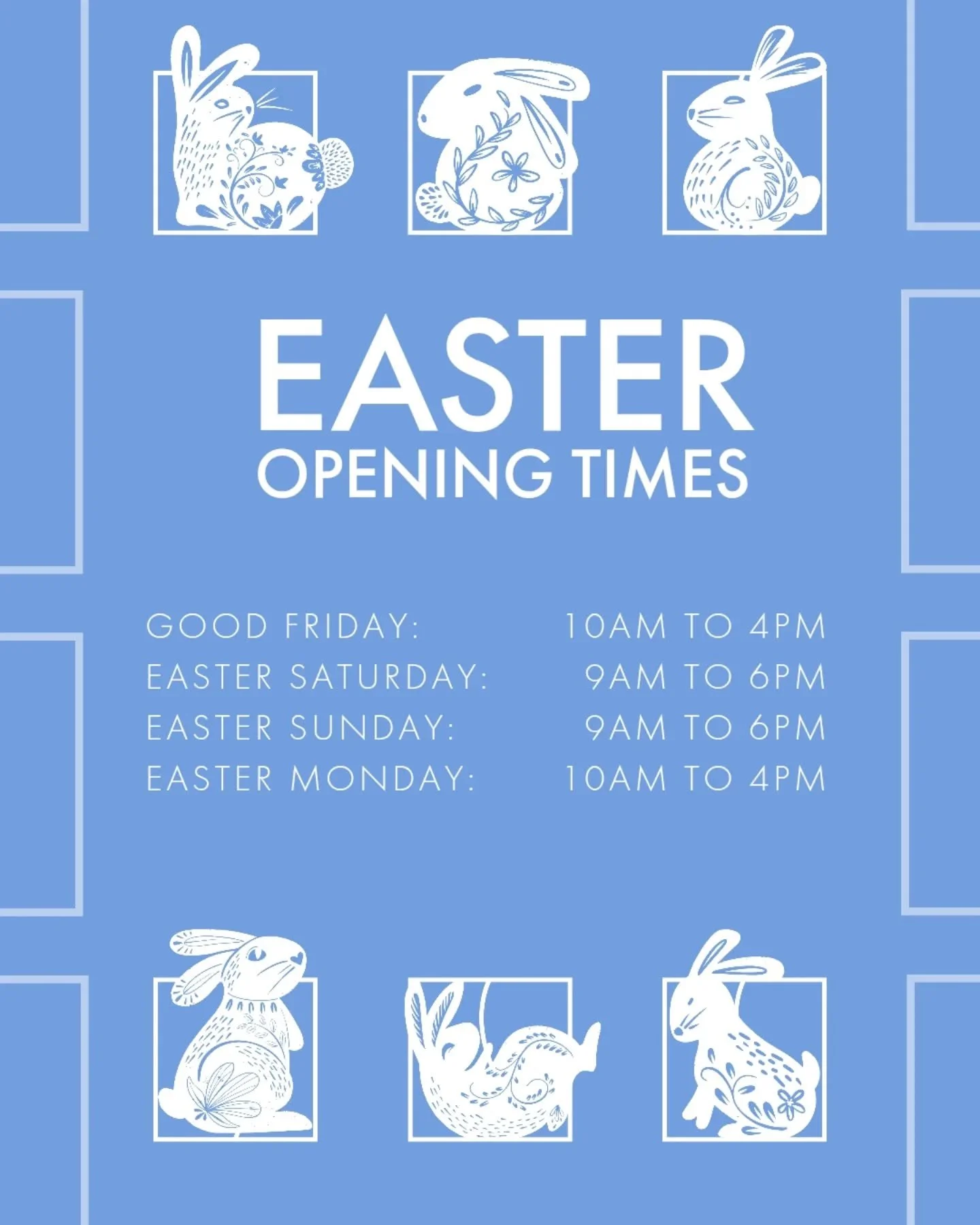 Our opening times are mainly remaining as normal this Easter with the exception of the two bank holidays where we will be closing early at 4pm. 

Have a lovely Easter everyone!