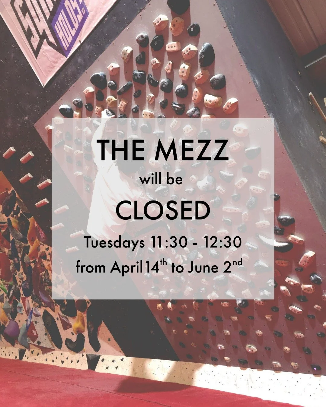 Starting this Tuesday 14th, the Mezz area will be closed on Tuesdays for one hour, 11:30 to 12:30, for the next 8 weeks to allow for a group event. It will be open as usual at all other times! 

Please make sure to plan around this if you are wanting