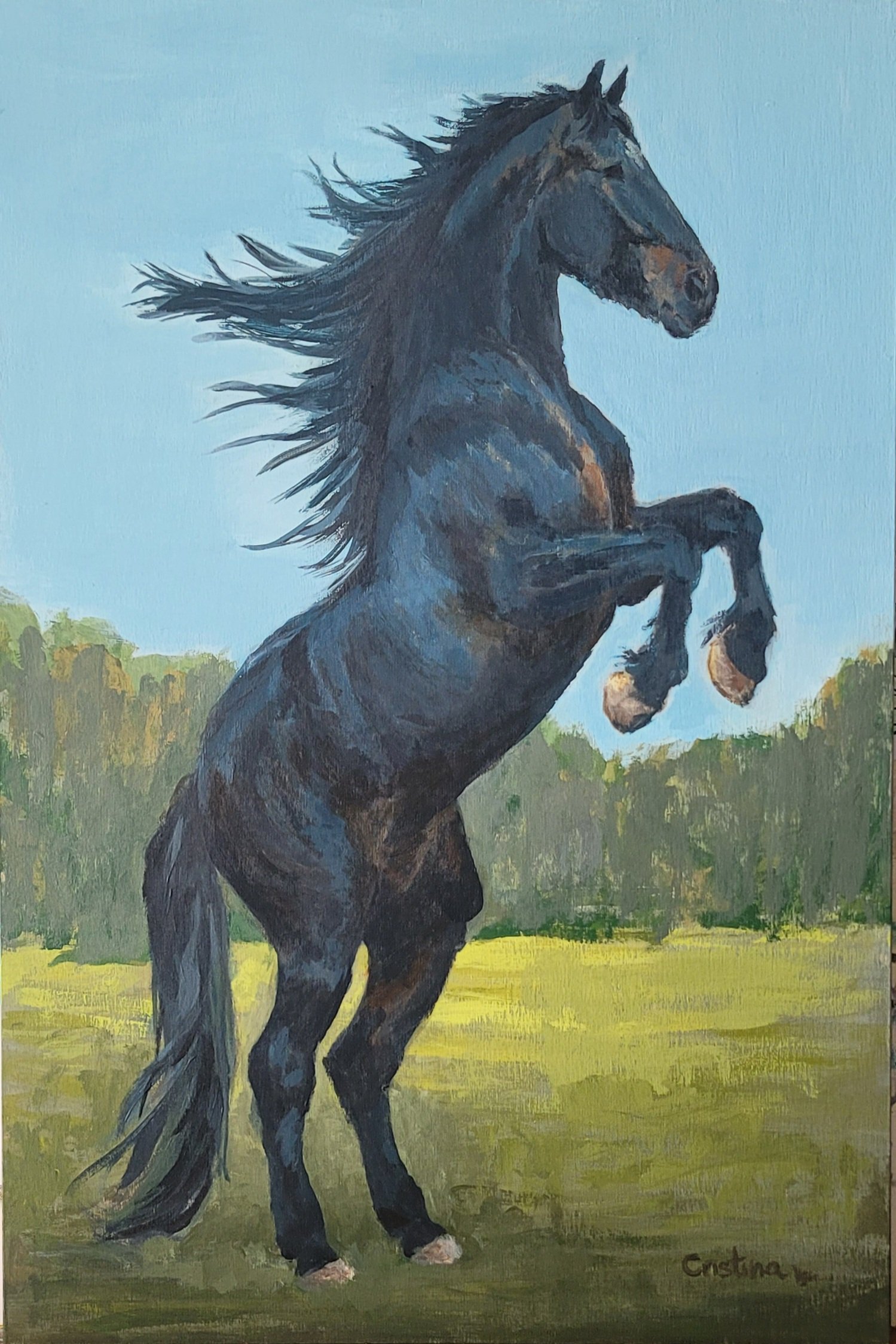 A painting of a black horse rearing up on green grass with a blue sky background, signed by the artist 'Constan' in the bottom right corner.