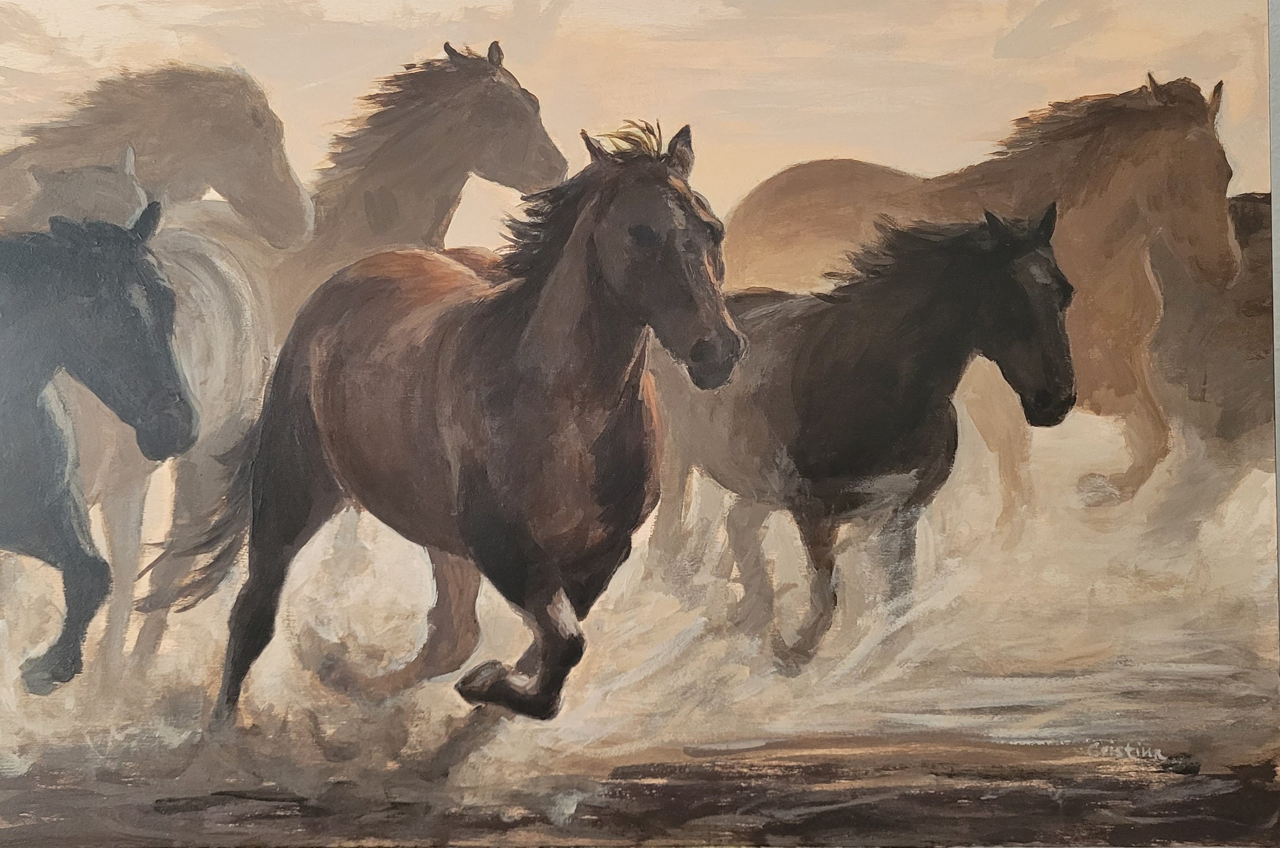 A painting of seven horses running, depicted in earthy tones with a light sky background.