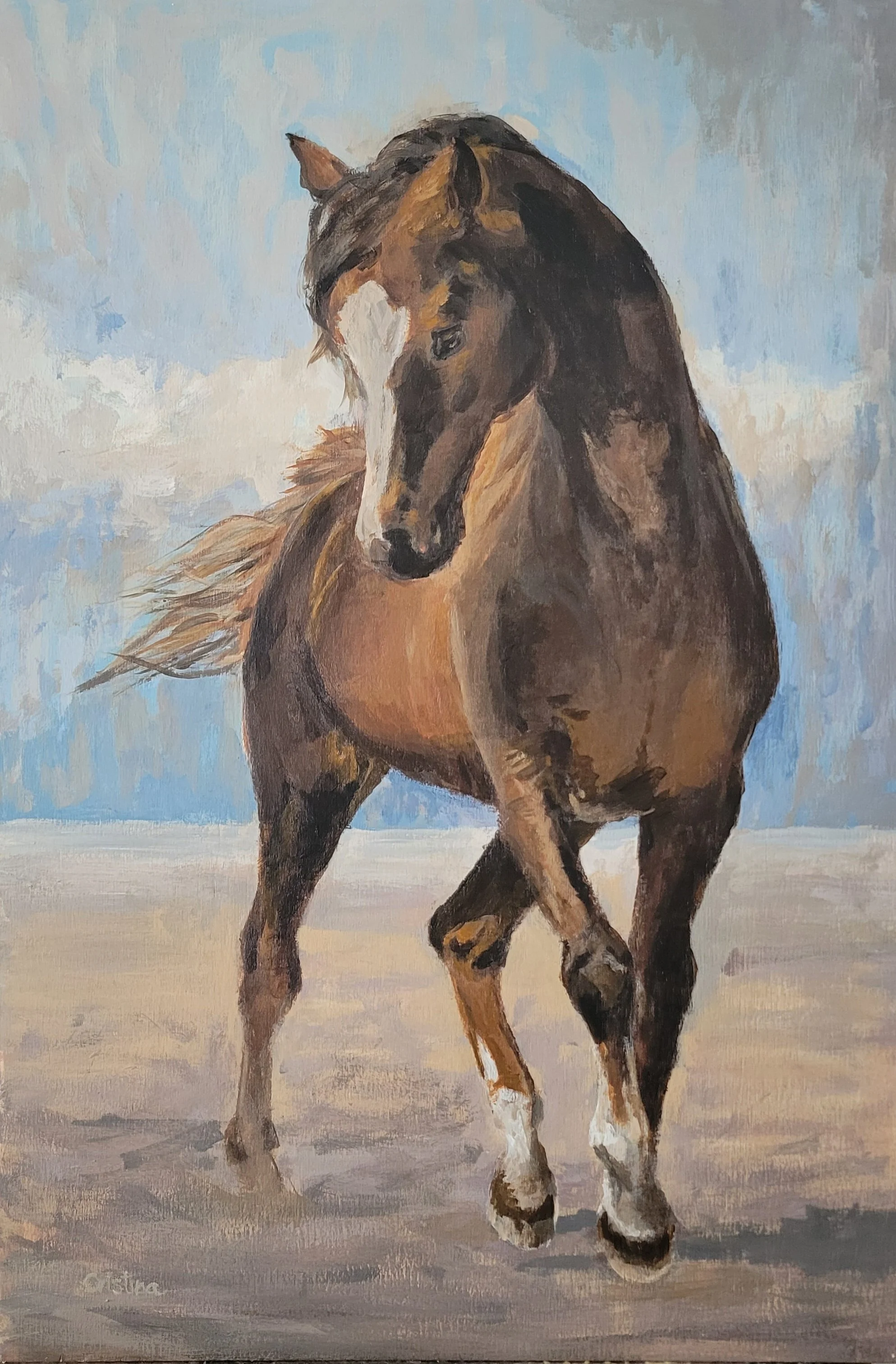 An oil painting of a brown horse with a white stripe on its face, standing outdoors with a cloudy sky in the background.