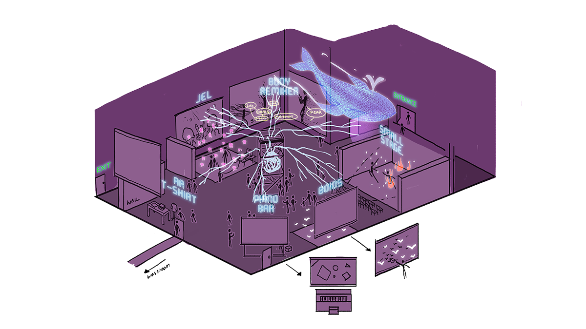  Being a location-specific collection of art installations, re-creating the physical space we were going to eventually present our work in was critical. By simulating the physical space in the digital world, we were able to control space, lighting, s