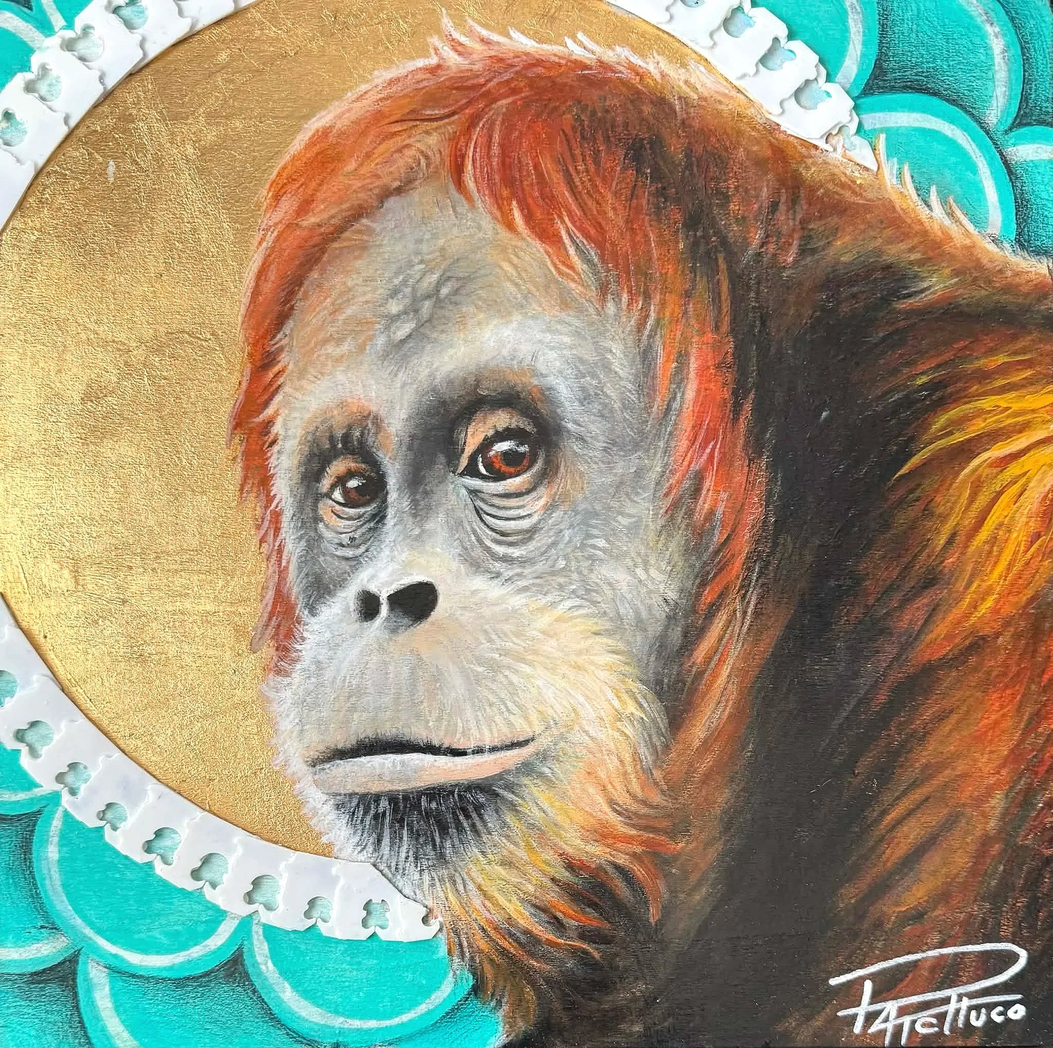   ESPIÈGLERIE |  disponible  12 X 12 (encadré)  Techniques mixtes (acrylique, feuille d’or et attaches à pain) Panneau de bois   215$  