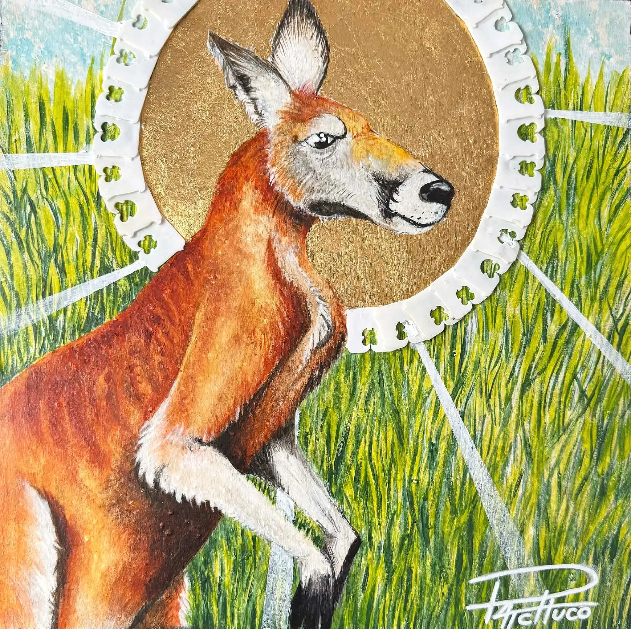   PARTONS À L’AVENTURE |  disponible  12 X 12 (encadré)  Techniques mixtes (acrylique, feuille d’or et attaches à pain) Panneau de bois   215$  