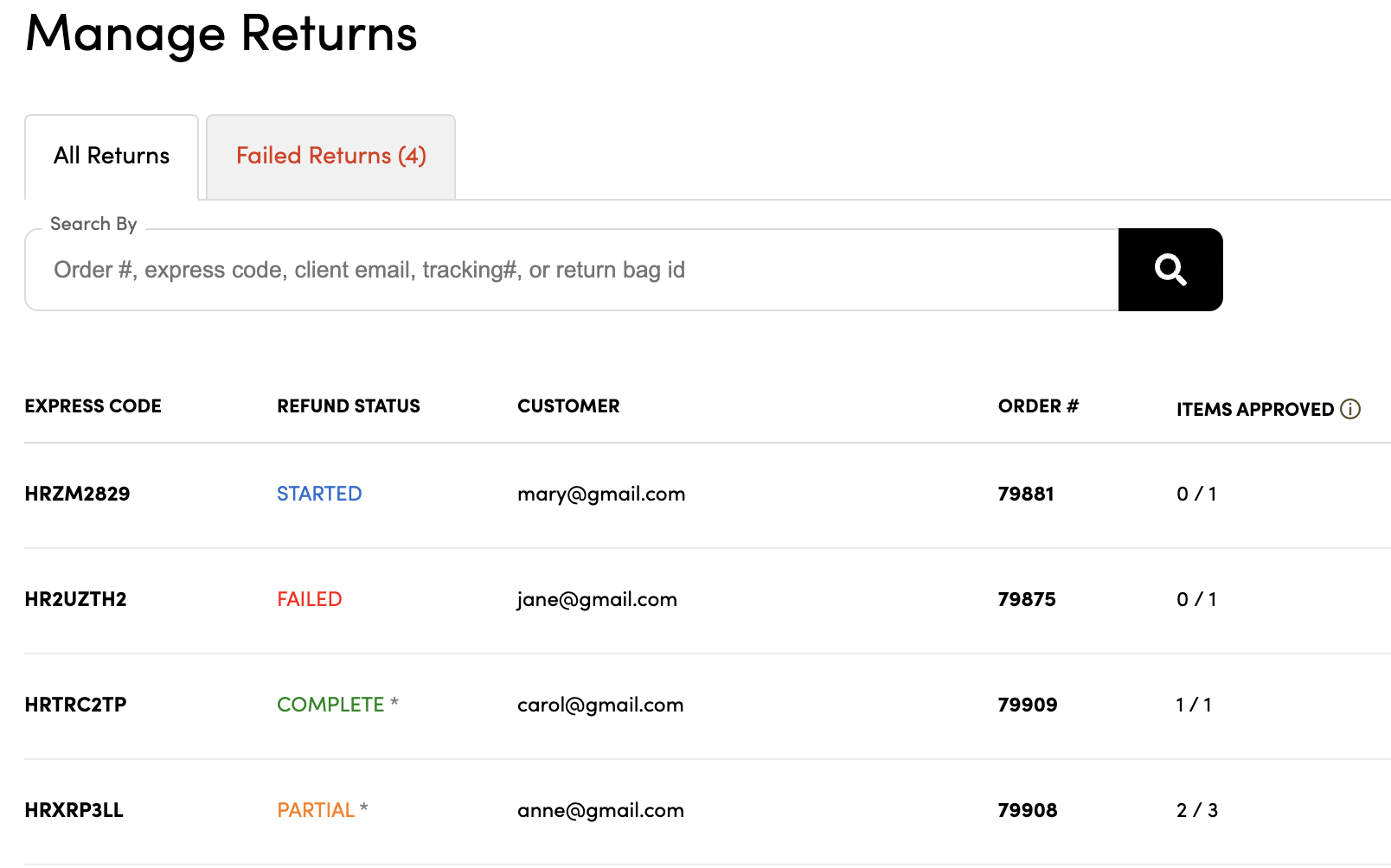Failed returns — Retailer Support Site