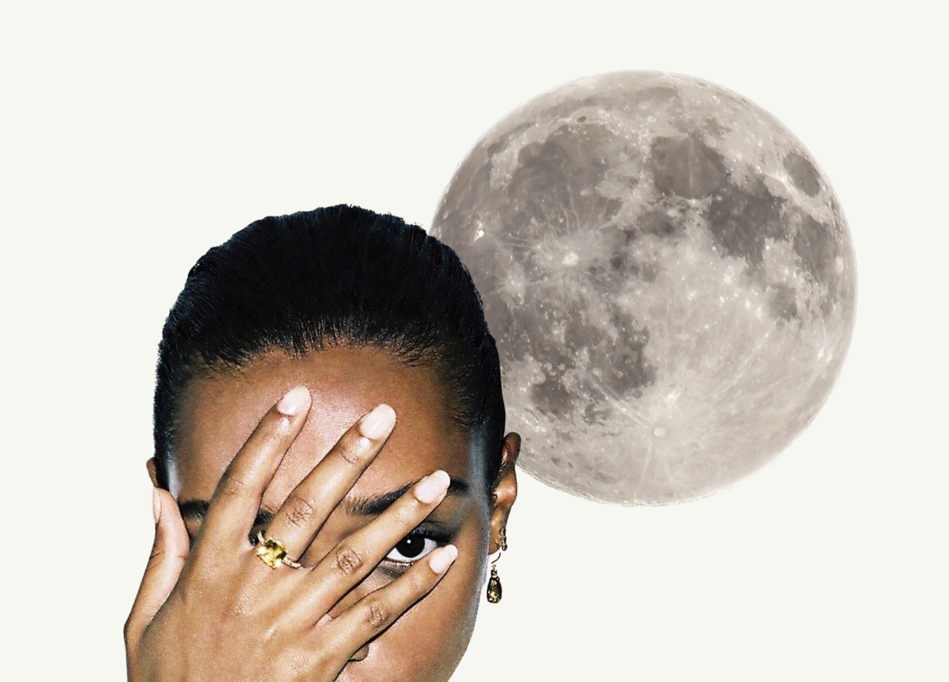 collage of woman with her hand over her face and a full moon