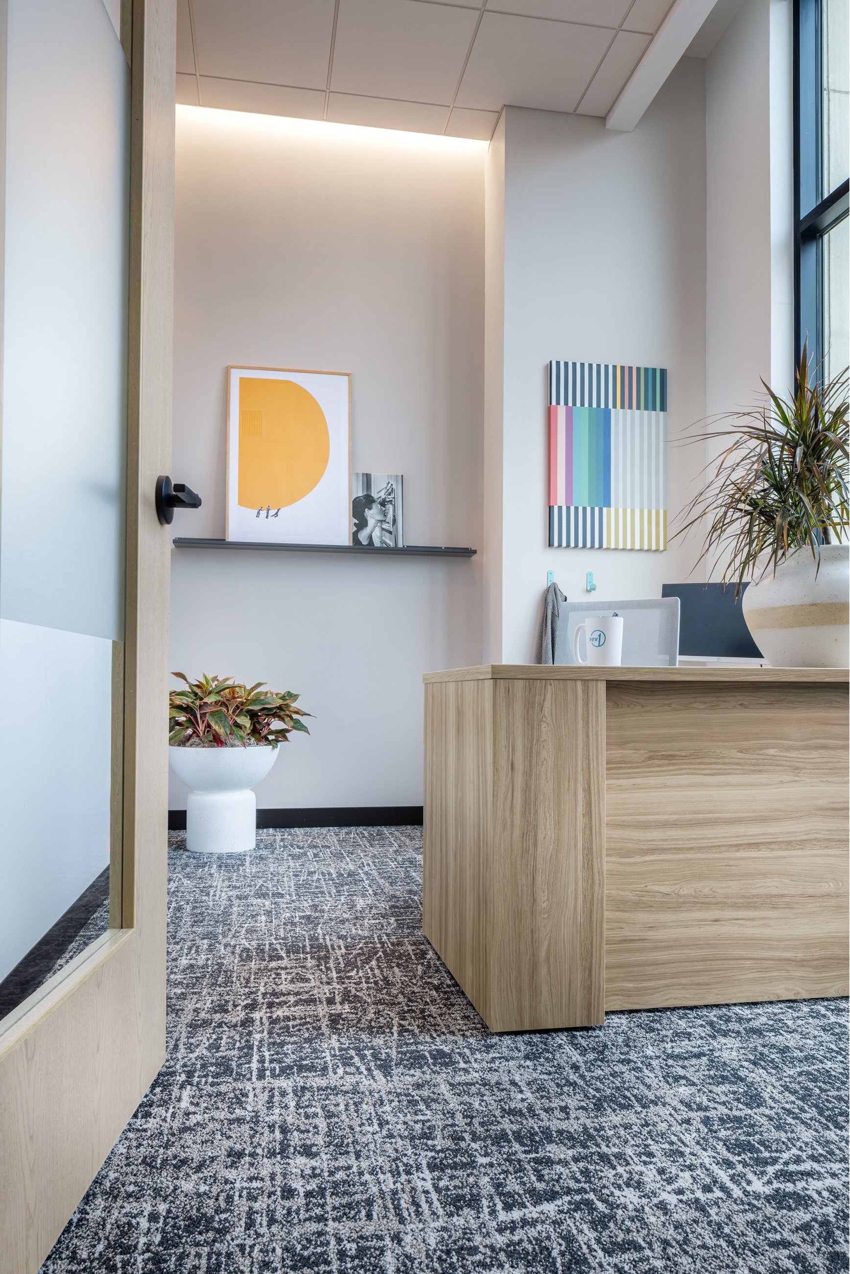 Modern office with light wood desk, abstract art on the walls, potted plants, and textured gray carpet.
