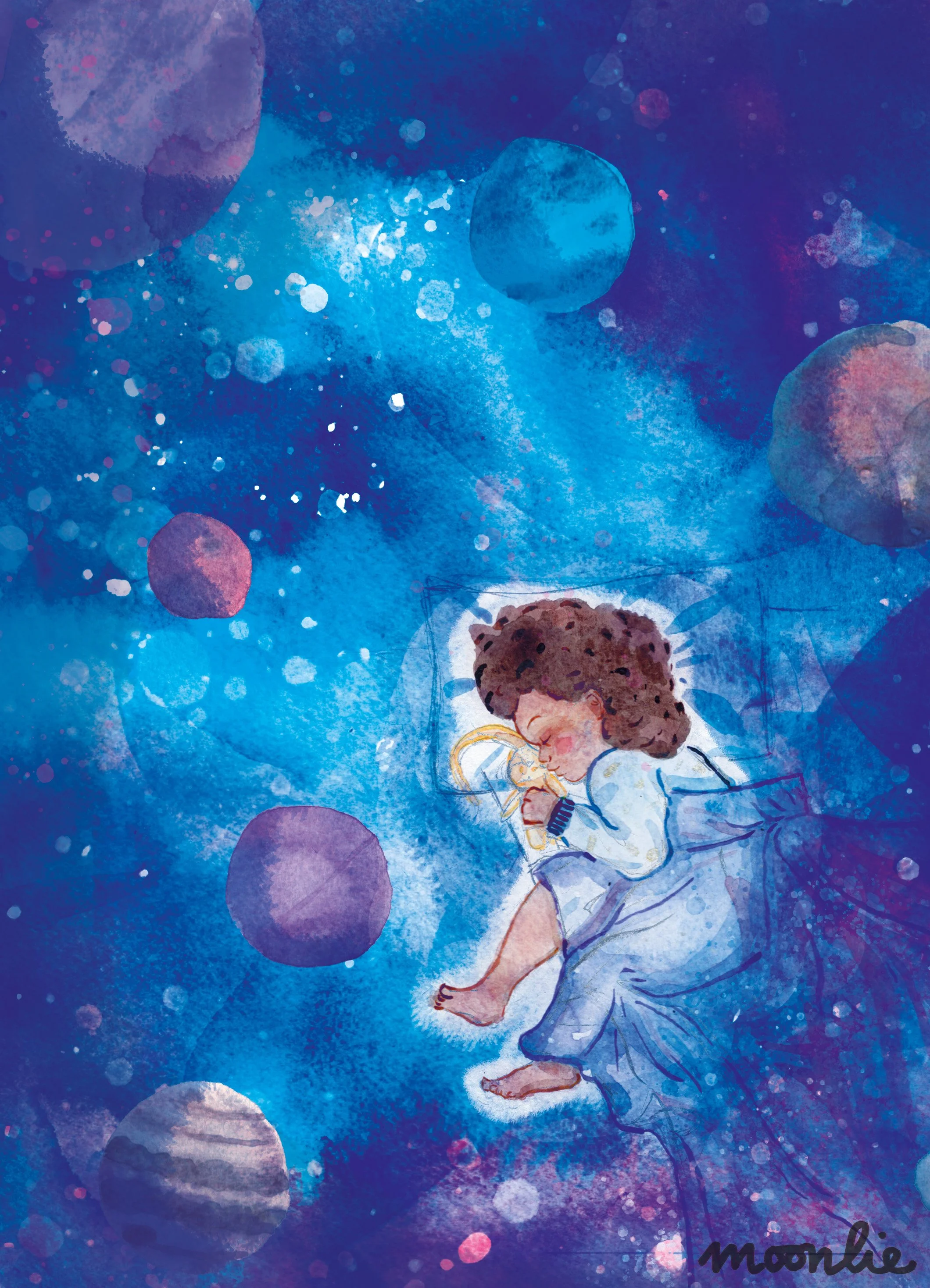 A child drifts through a universe of planets and stars, accompanied by a beloved teddy bear. Inspired by a lifelong fascination with space, wonder, and imagined worlds. Watercolour, ink, and digital colour.