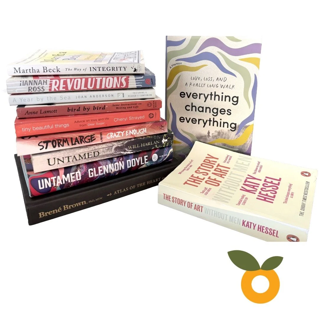 On the nightstand.

Each of these books has a special place on the bookshelf. You'll recognize many from some very famous authors, like Ann Lamott (this is my copy from the 90s), Glennon Doyle (a gift from a friend), Cheryl Strayed (recommendation fr