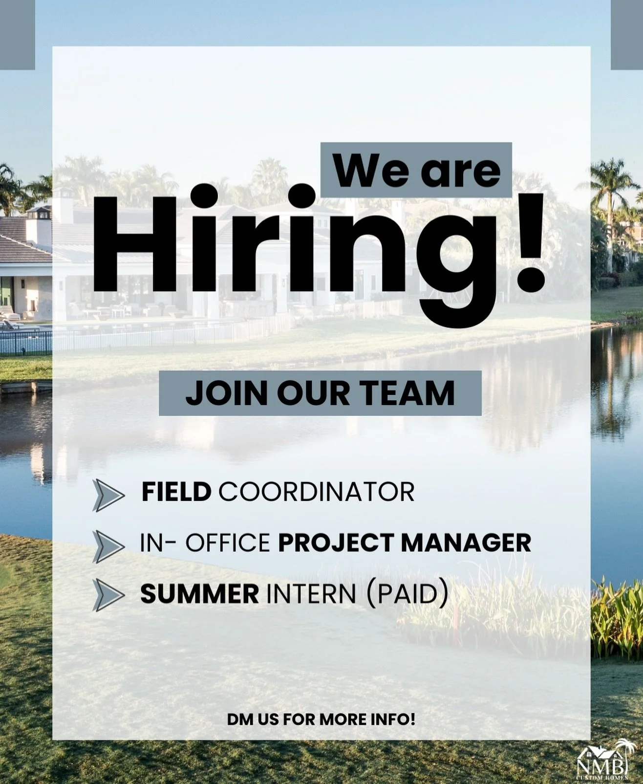 ⚡️We are hiring!⚡️

Are you interested in joining Boca&rsquo;s Premiere Luxury Home Building team? 

We are looking for qualified candidates to fill the following roles: 
- Field Coordinator 
- In-Office Project Manager 
- Summer Intern (Paid + no ex