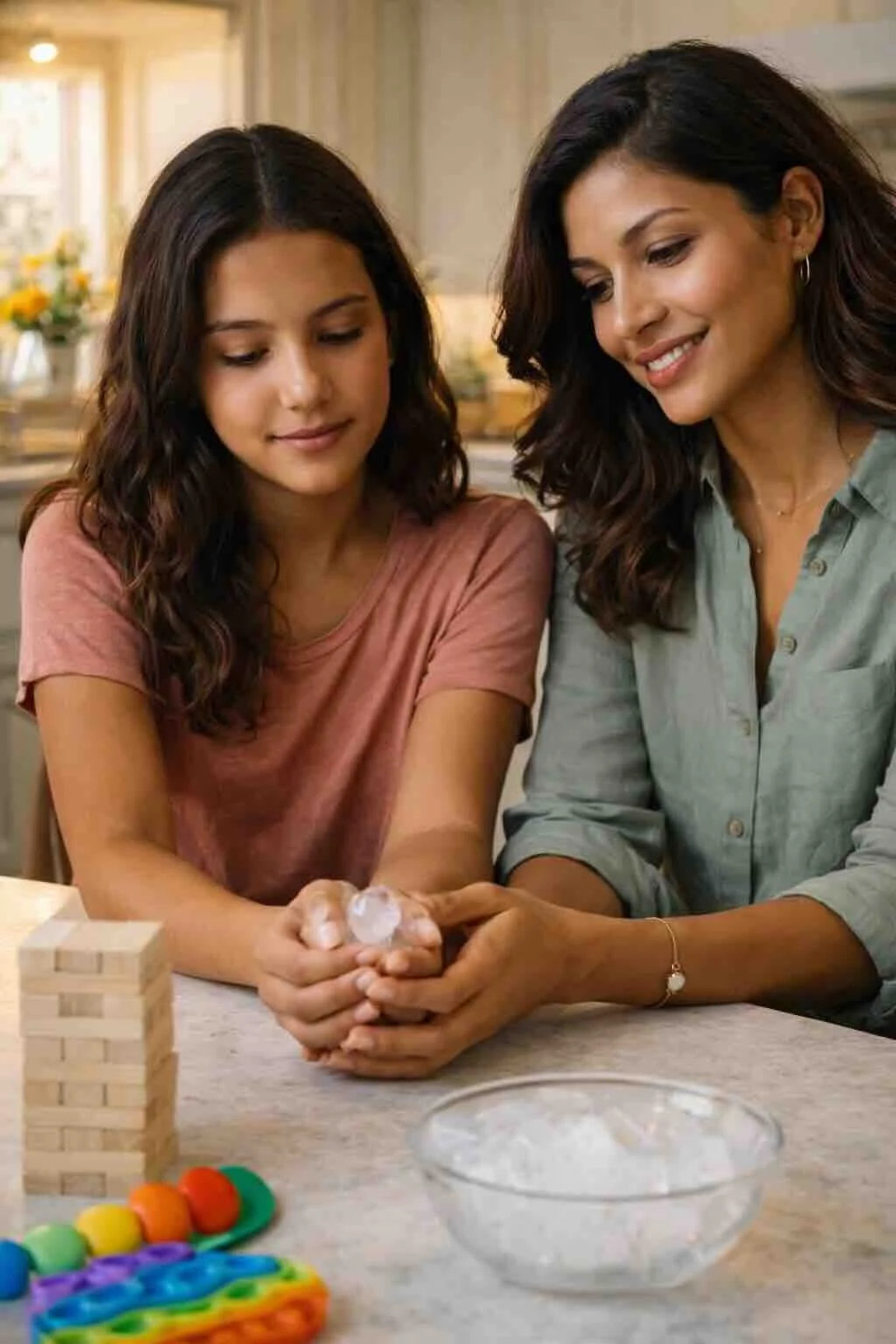 Photo of a mom helping a teenager with anxiety use ice as an effective grounding technique.