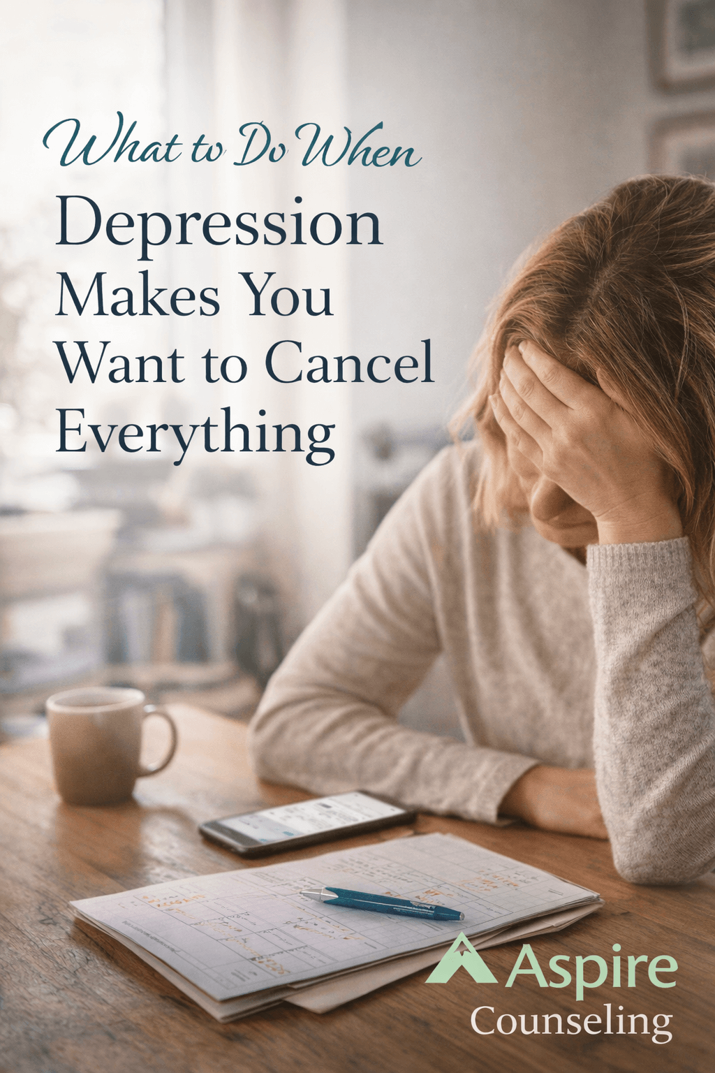 Photo of a woman with her hand on her head representing someone struggling with depression symtpoms in the Kansas City area. Aspire Counseling logo in the bottom right corner.