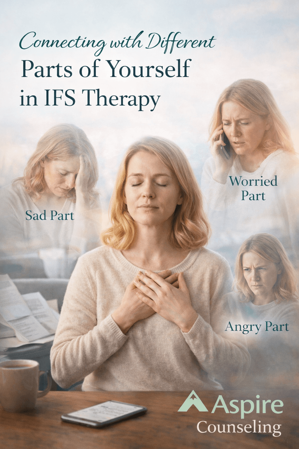 Photo of a woman with the words "Connecting with Different Parts of Yourself in IFS" and showing a "sad part" a "worried part" and an "angry part" to illustrate how IFS in Lee's Summit can help you accept all parts of yourself.