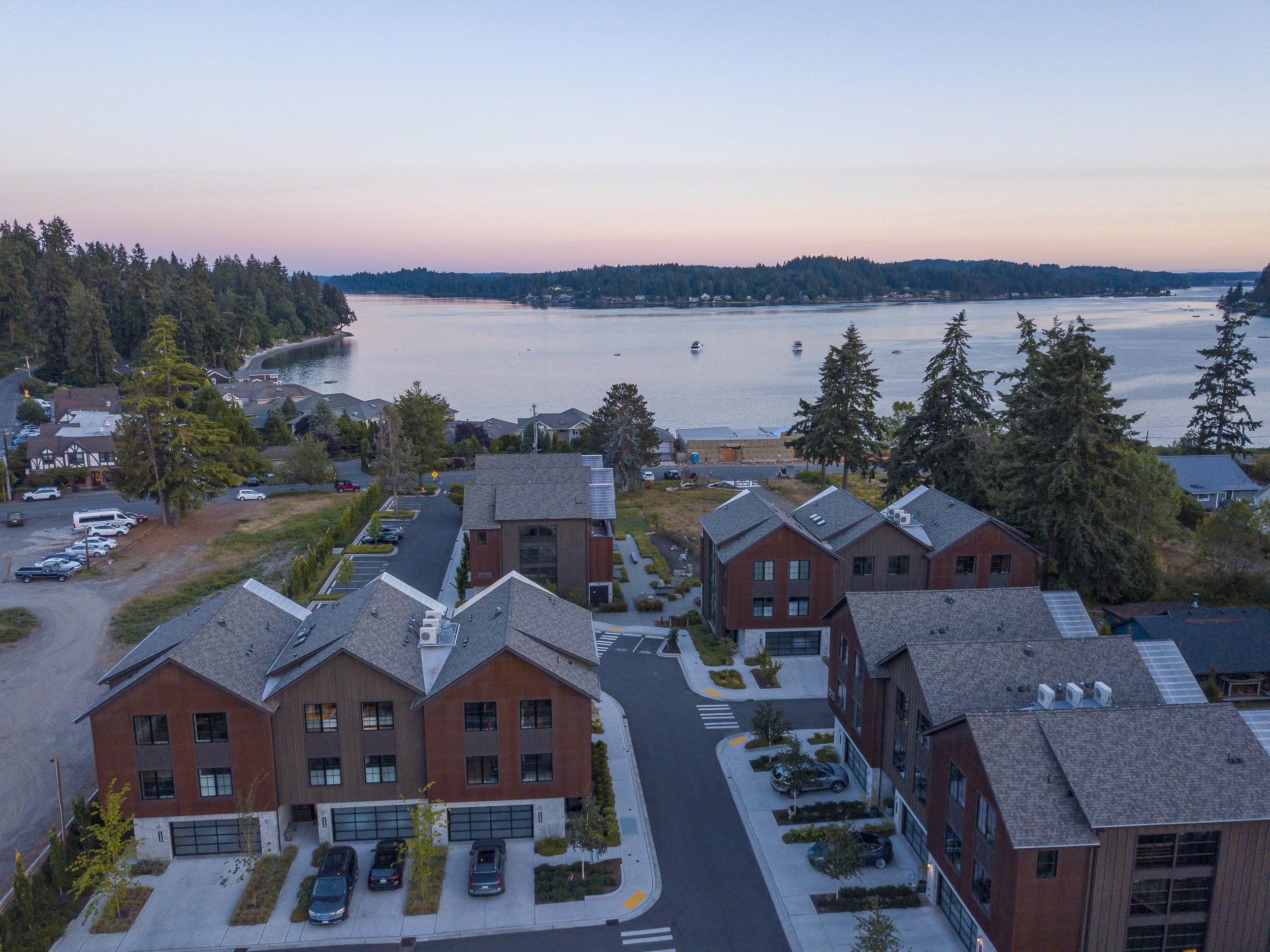 The beautiful neighborhood of Roost, on Bainbridge Island, WA. Designed by Jeb Thornburg of Indigo Architecture.