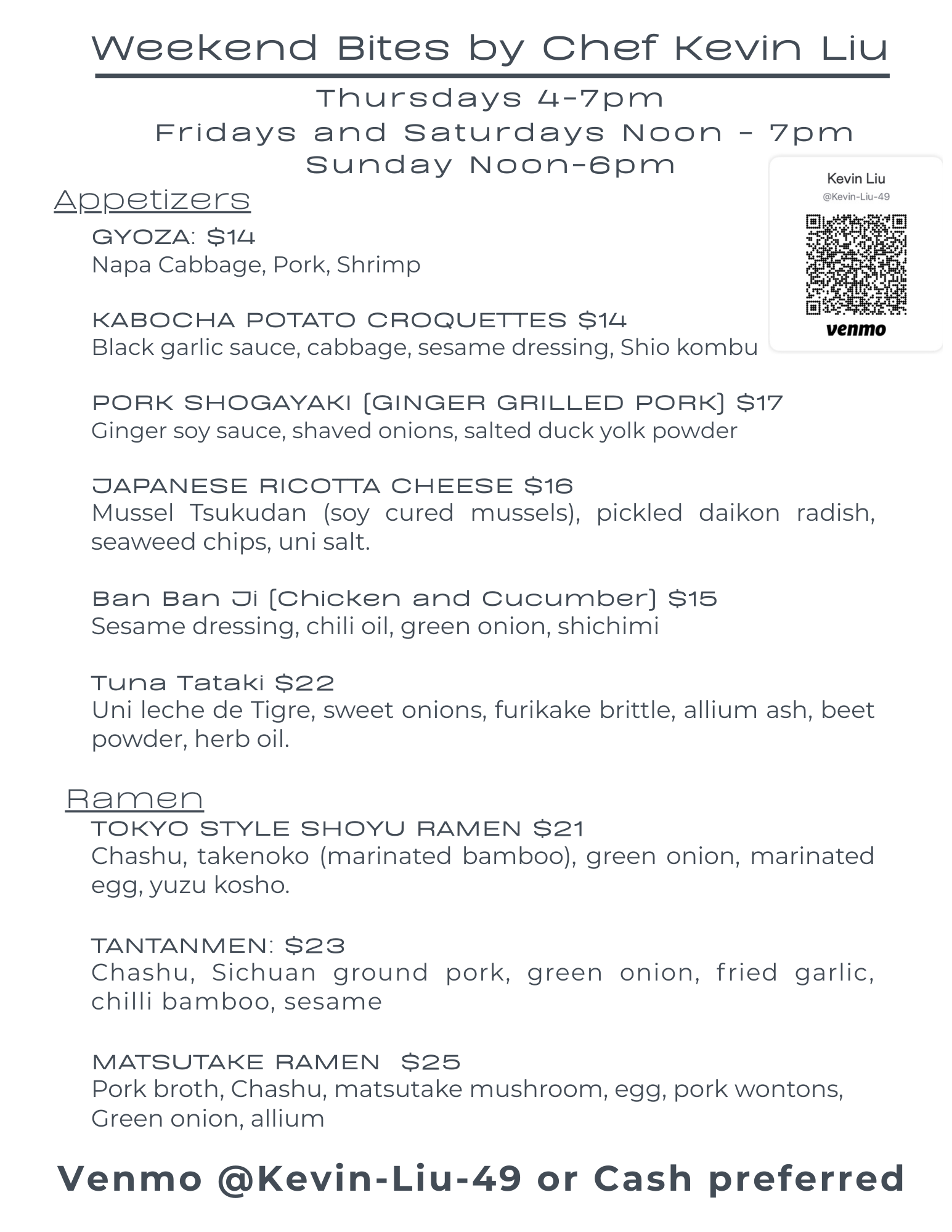 Chef Kevin Liu Weekend Pop Up!