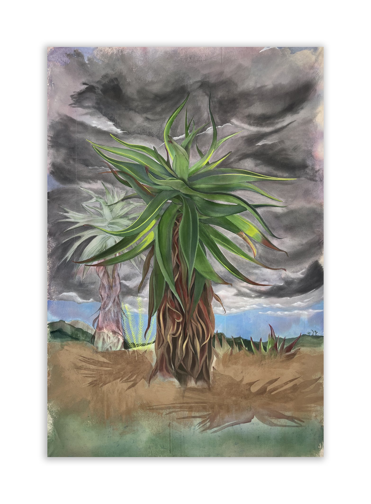 En Mal Tiempo Buena Cara, 68" x 42"
  
Acrylic and wax pencil on raw canvas
 2026