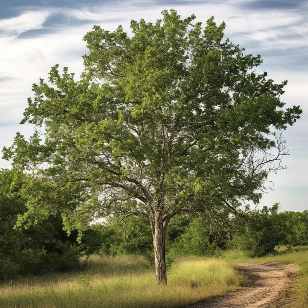 Texas Ash tree with full canopy and light-colored trunk, standing along a country path.