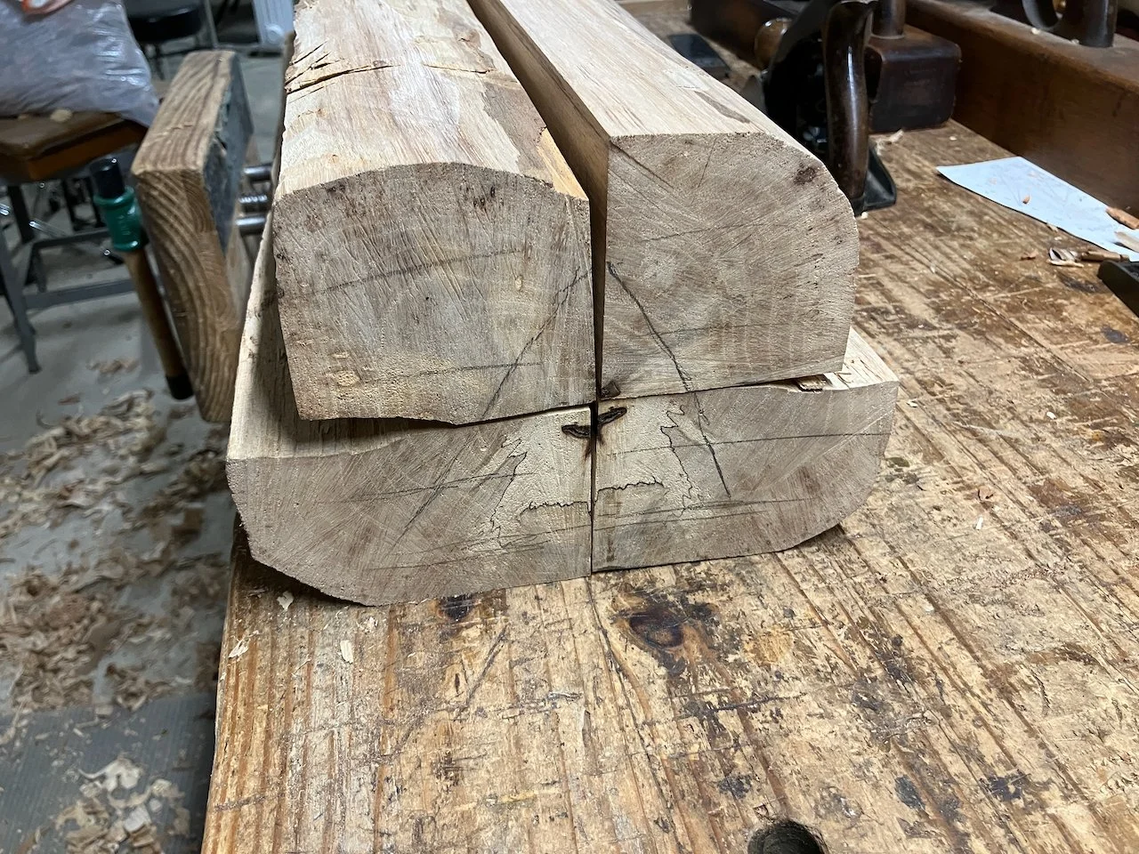 Some of Mr. Allen’s spalted pecan boards in rough form, marked with spalting lines before being cleaned and worked in the Salt Shaker shop.