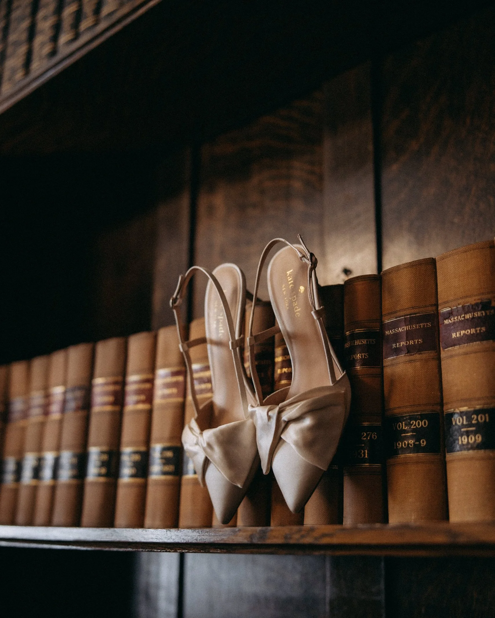 Close-up of a wooden bookshelf with a row of brown leather-bound books and a pair of eyeglasses resting on a tissue.