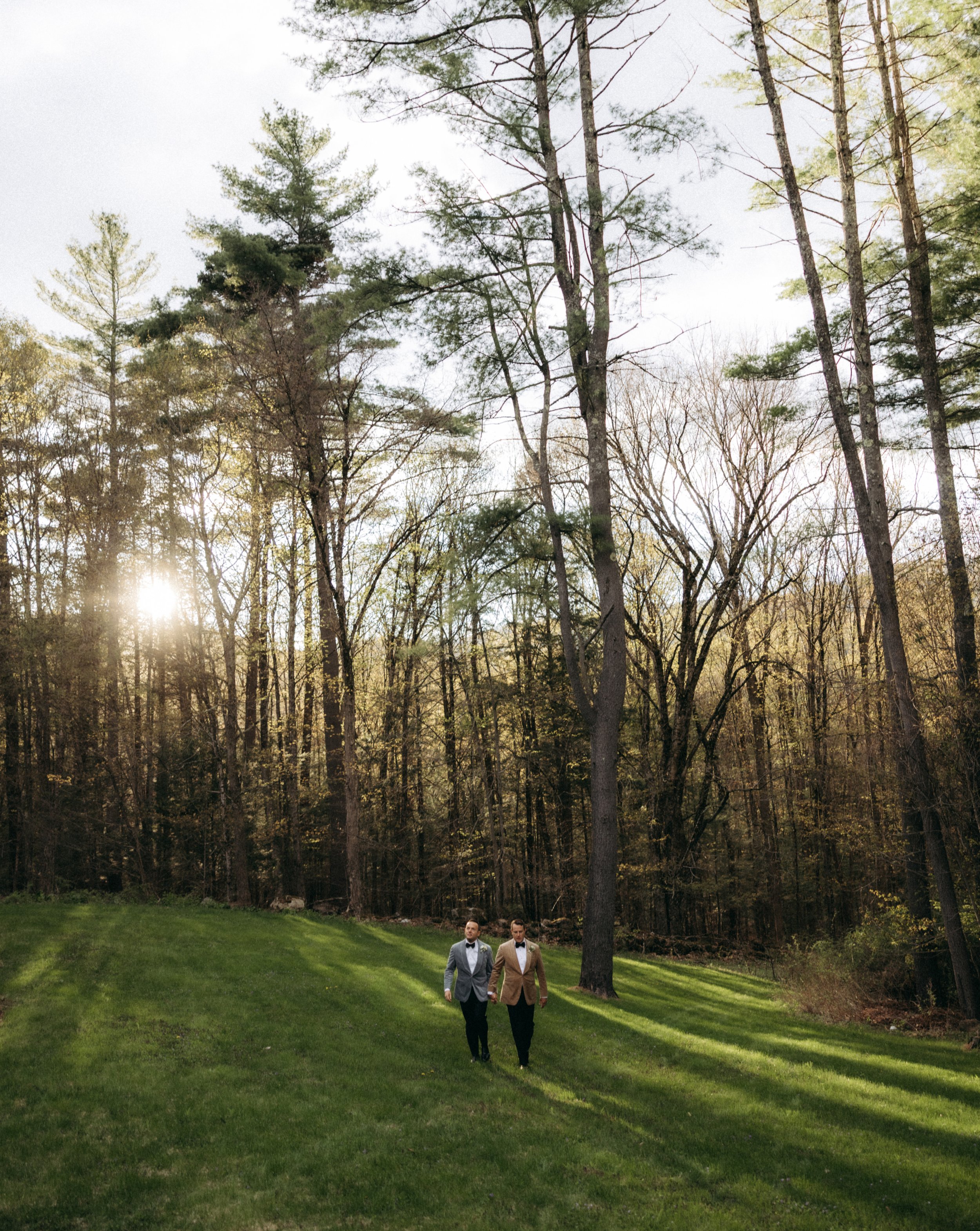 Two men in tuxedos are walking on a grassy hill near a forest with tall trees. The sun is near the horizon, casting a warm glow.